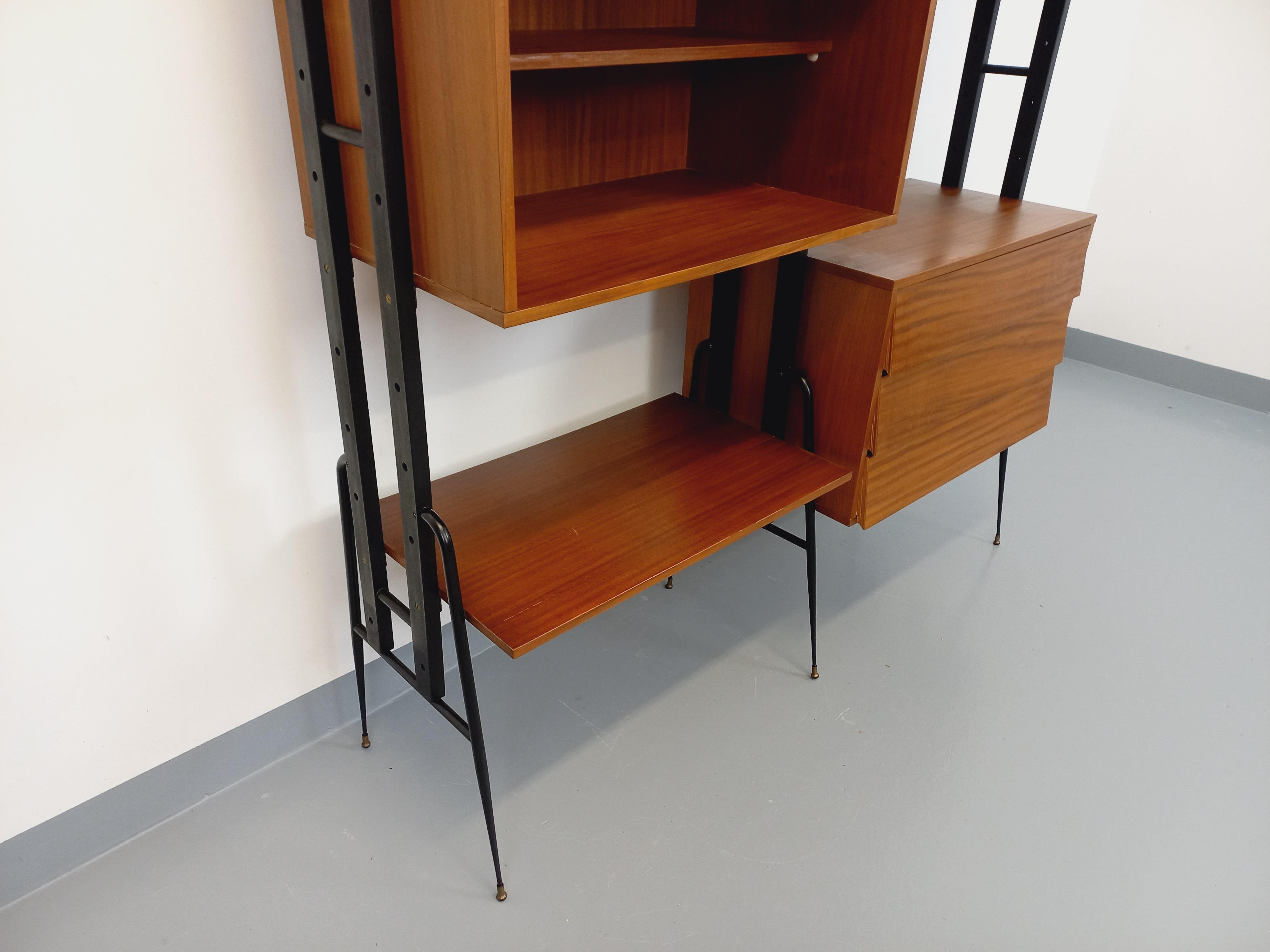 Italian Bibliothèque étagère italienne double modulable vintage en teck et métal