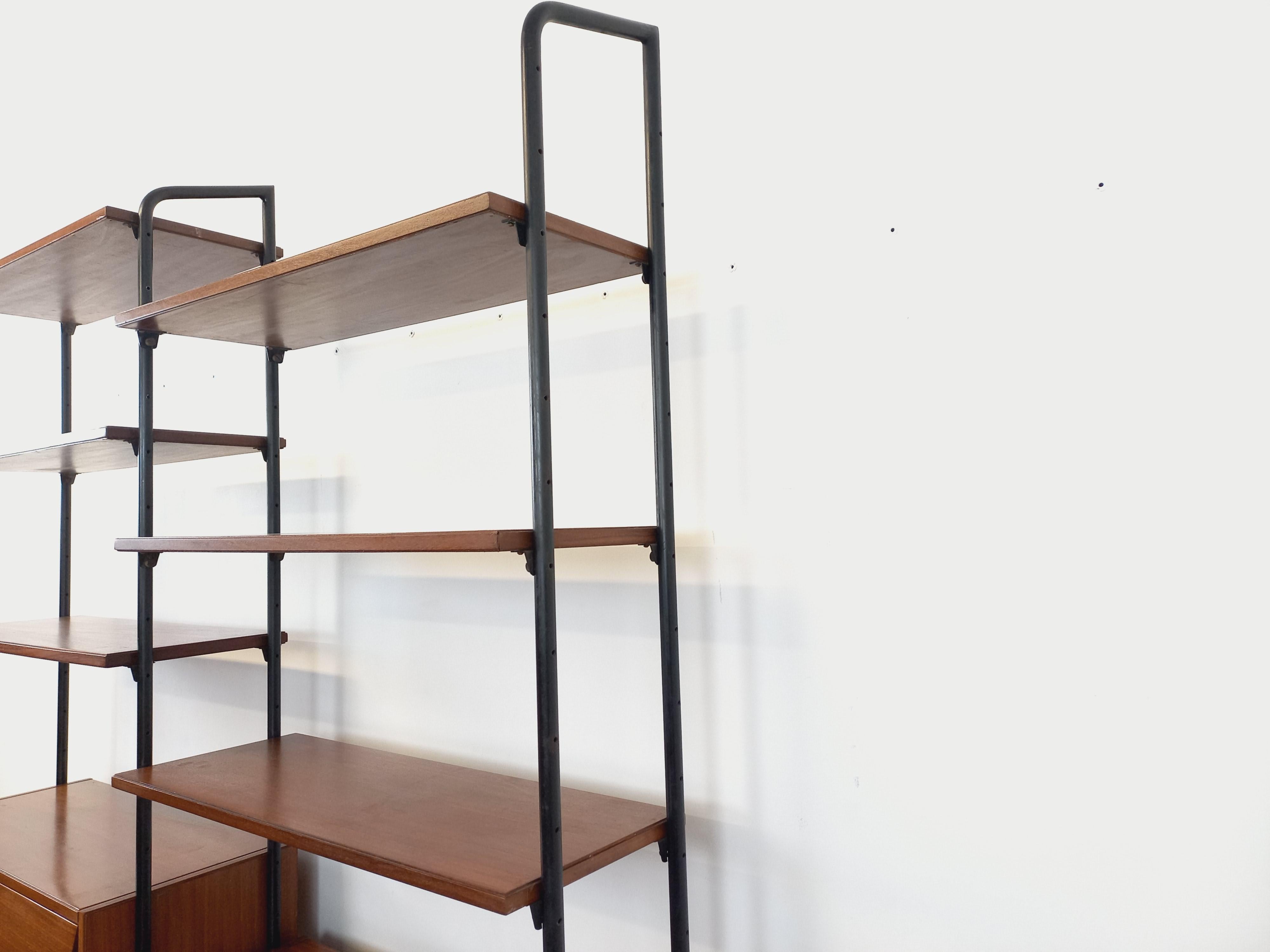 Bibliothèque étagère italienne double modulable vintage en teck et métal 2