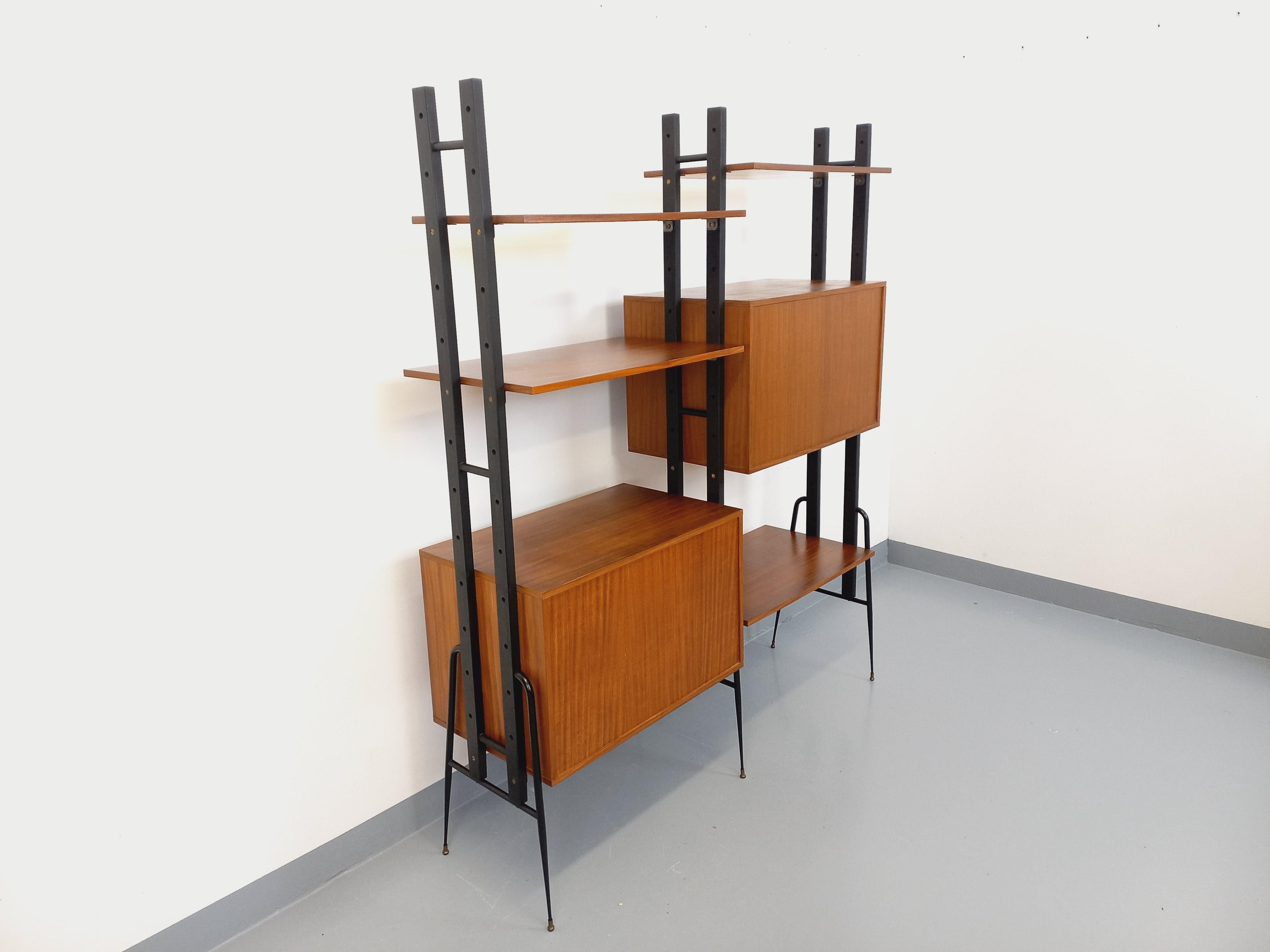 Bibliothèque étagère italienne double modulable vintage en teck et métal 2