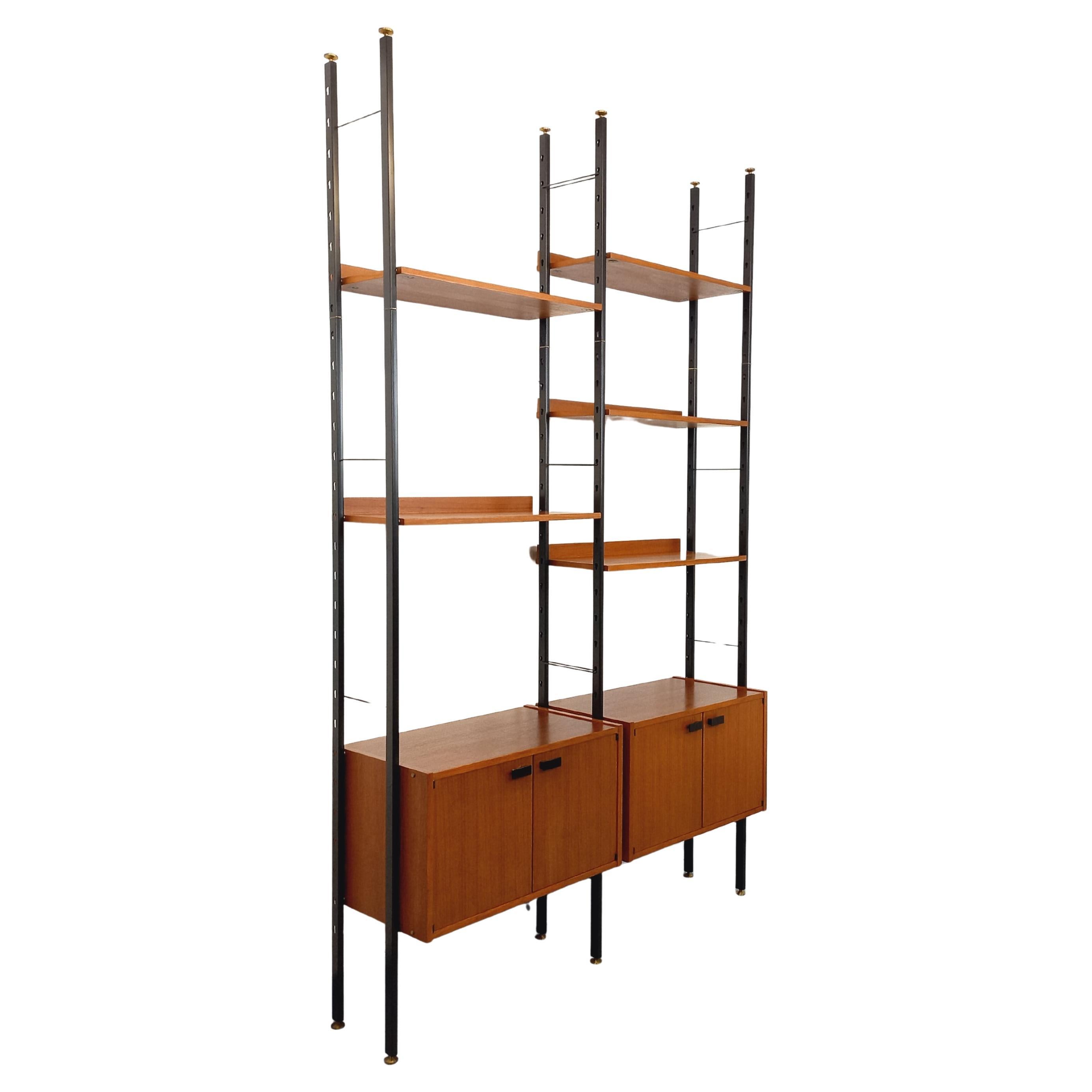 Bibliothèque étagère italienne double modulable vintage en teck et métal