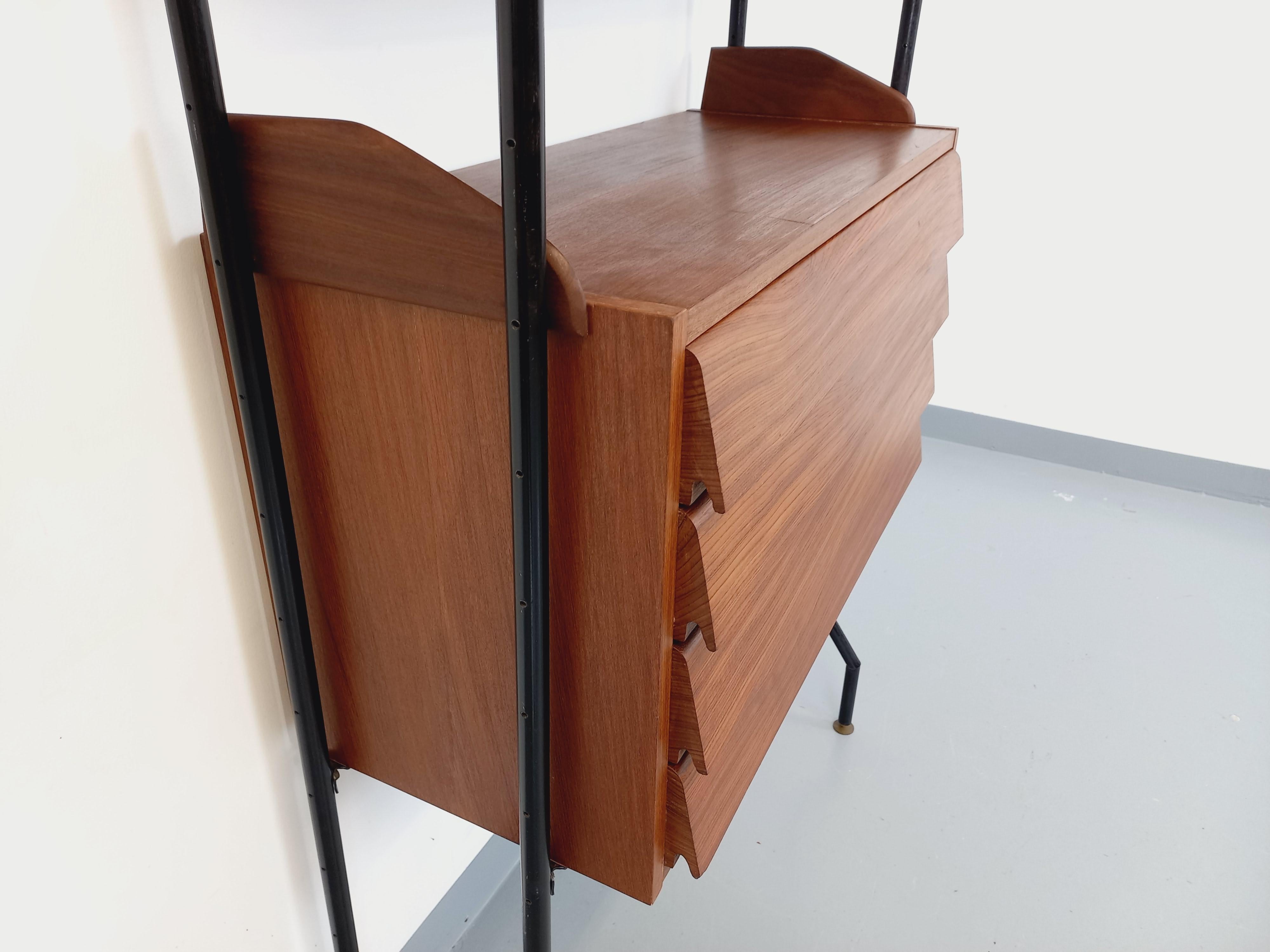 Bibliothèque étagère italienne modulable vintage en teck et métal des années 60 3