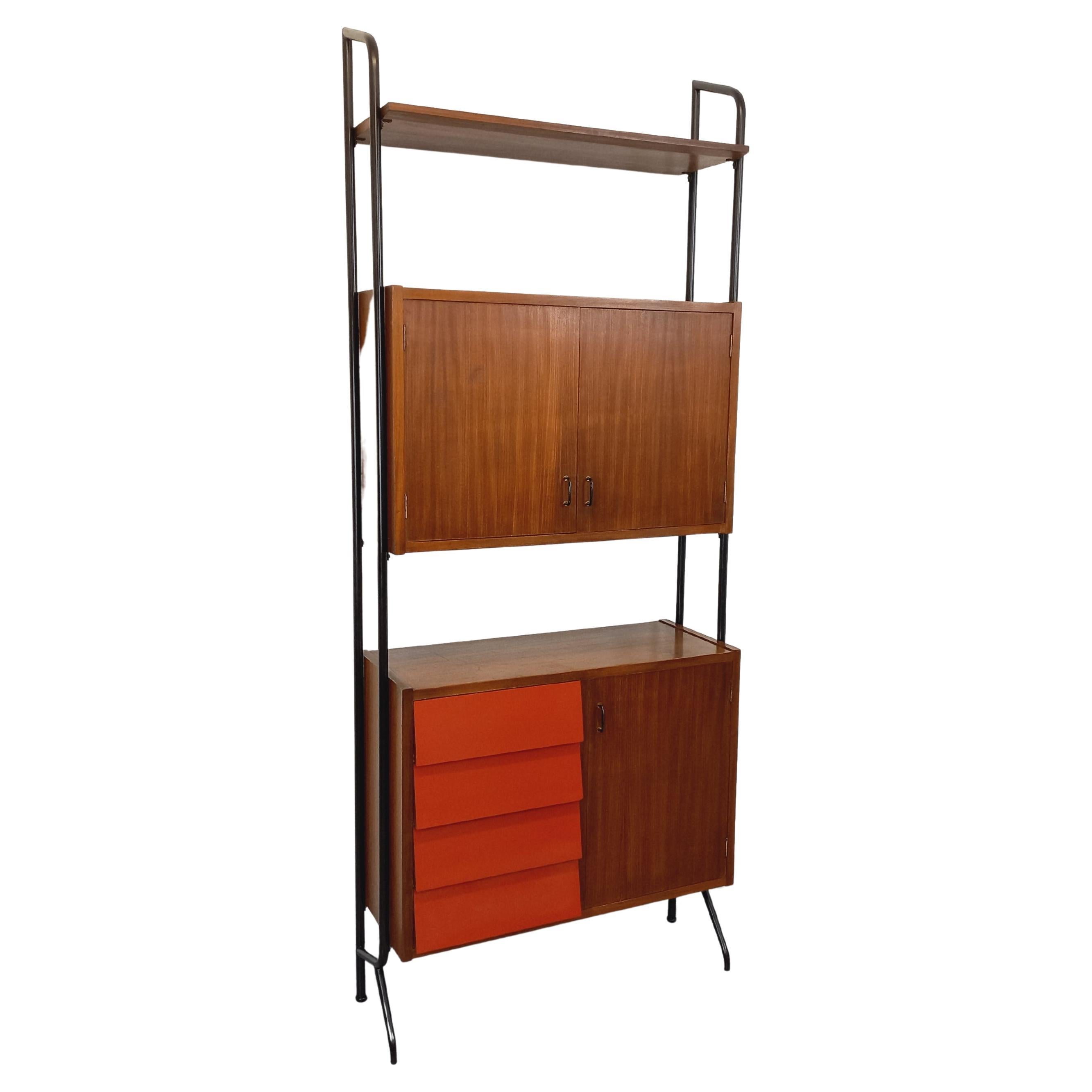 Bibliothèque étagère italienne modulable vintage en teck, métal et mélaminé en venta