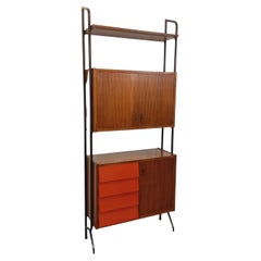 Bibliothèque étagère italienne modulable vintage en teck, métal et mélaminé