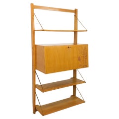 Bibliothèque étagère murale avec secrétaire bar vintage en bois clair et laiton