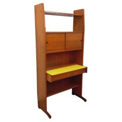 Bibliothèque étagère secrétaire vintage en teck et mélaminé jaune des années 60