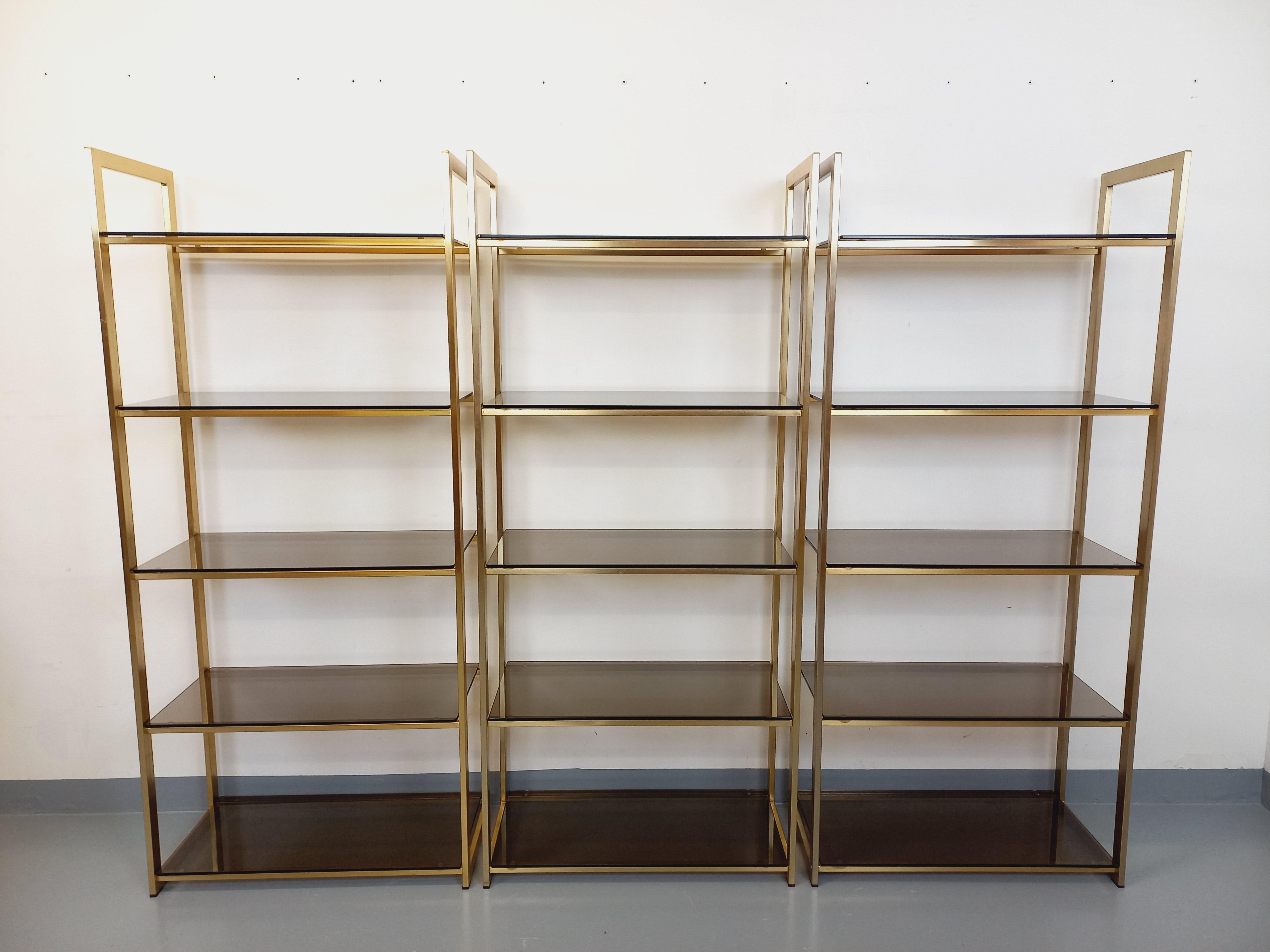 Bibliothèque étagères des années 70, superbe design attribué à l'éditeur français Artelano, composée de 3 parties indépendantes de 5 étagères, structure en métal doré, 15 étagères en verre fumé. Allgemeiner guter Zustand, mit Zeitspuren auf dem