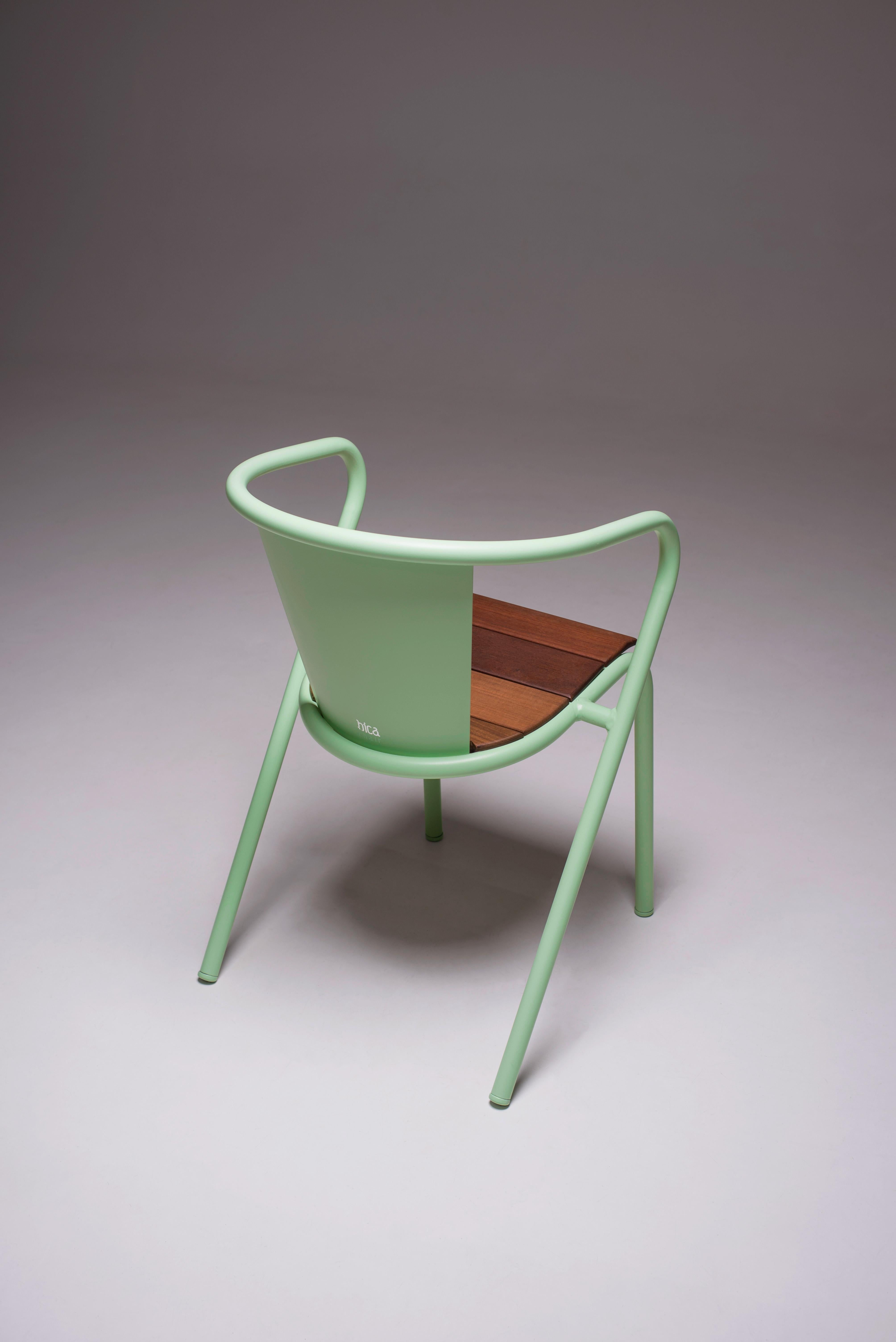 BICAchair is a sustainable stackable steel armchair made for the outdoors from recycled and recyclable steel and finished with our premium selection of powder-coating colors, in this case in a Pastel green color, that transforms a Classic in