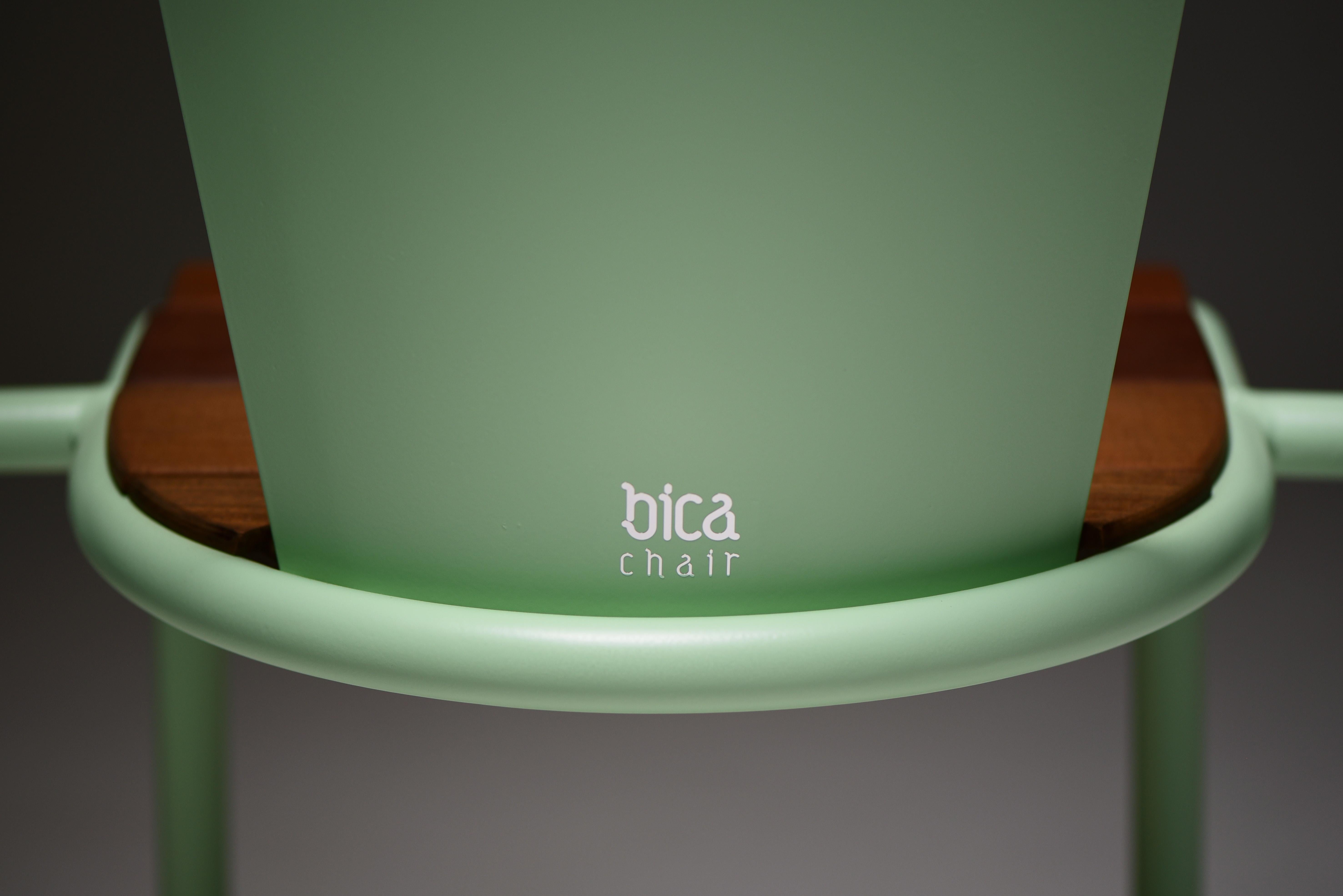 Powder-Coated BICAchair Modern Outdoor Steel Armchair Pastel Green with Ipê Wood Slabs For Sale