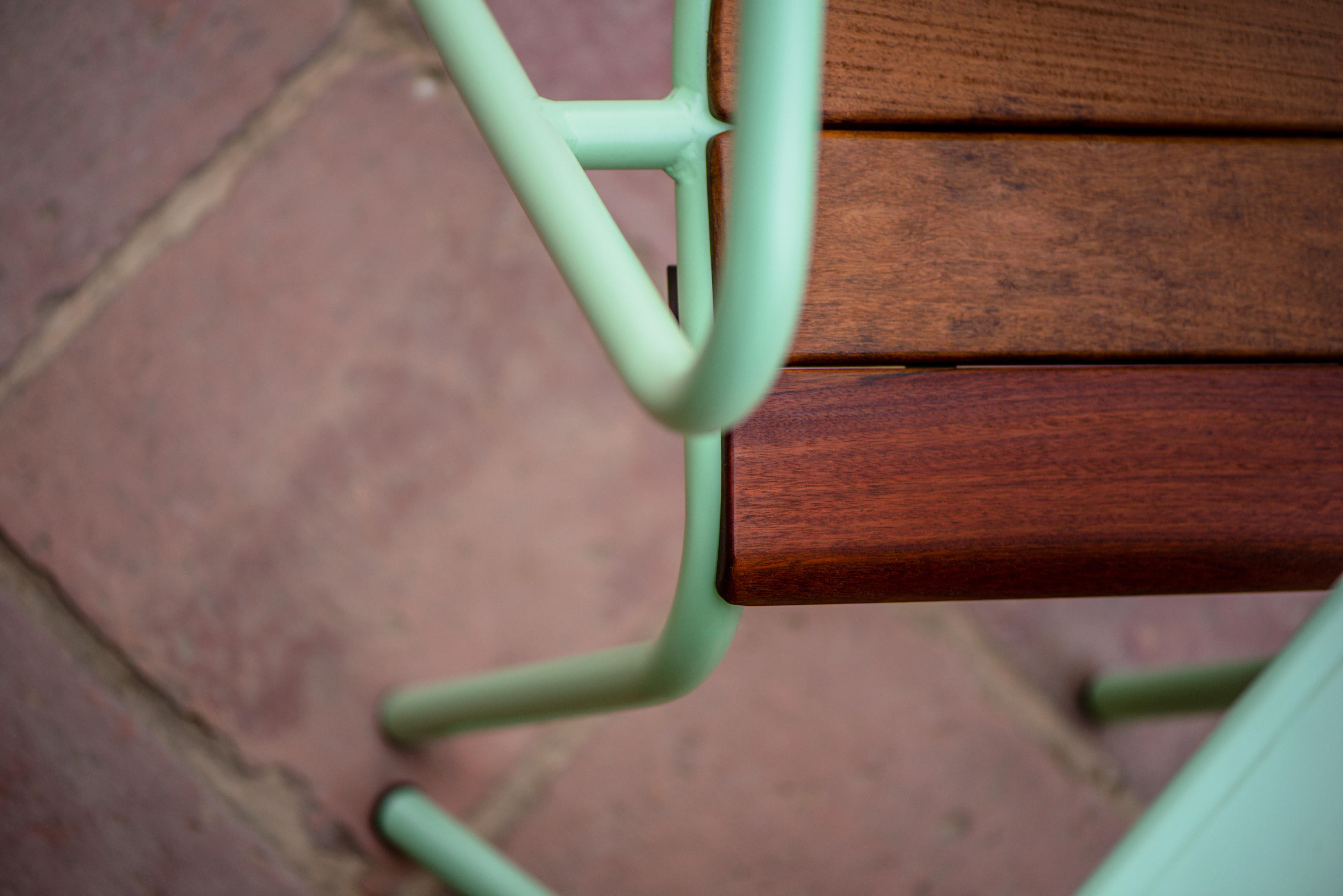 Metal BICAchair Modern Outdoor Steel Armchair Pastel Green with Ipê Wood Slabs For Sale