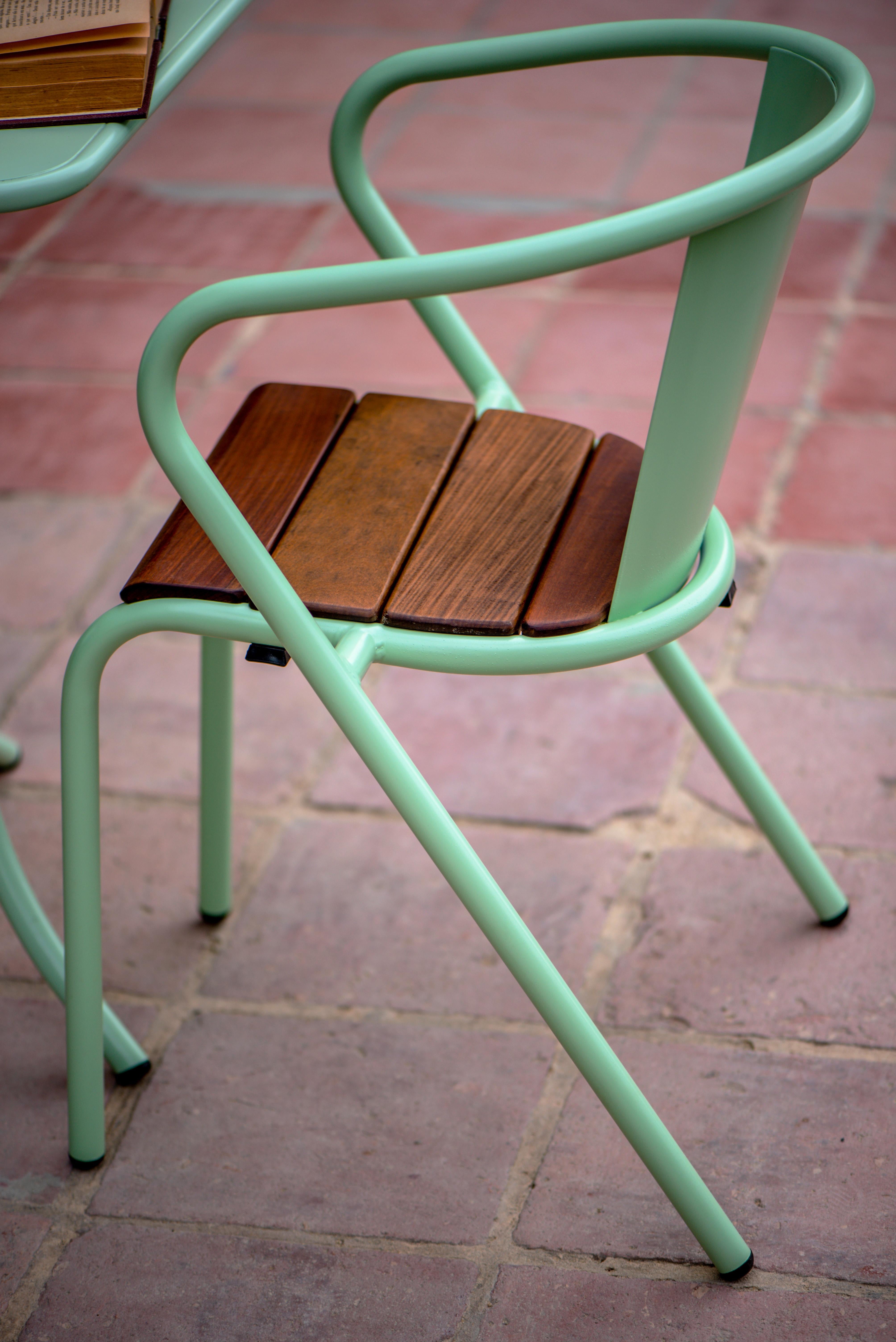 BICAchair Modern Outdoor Steel Armchair Pastel Green with Ipê Wood Slabs For Sale 1
