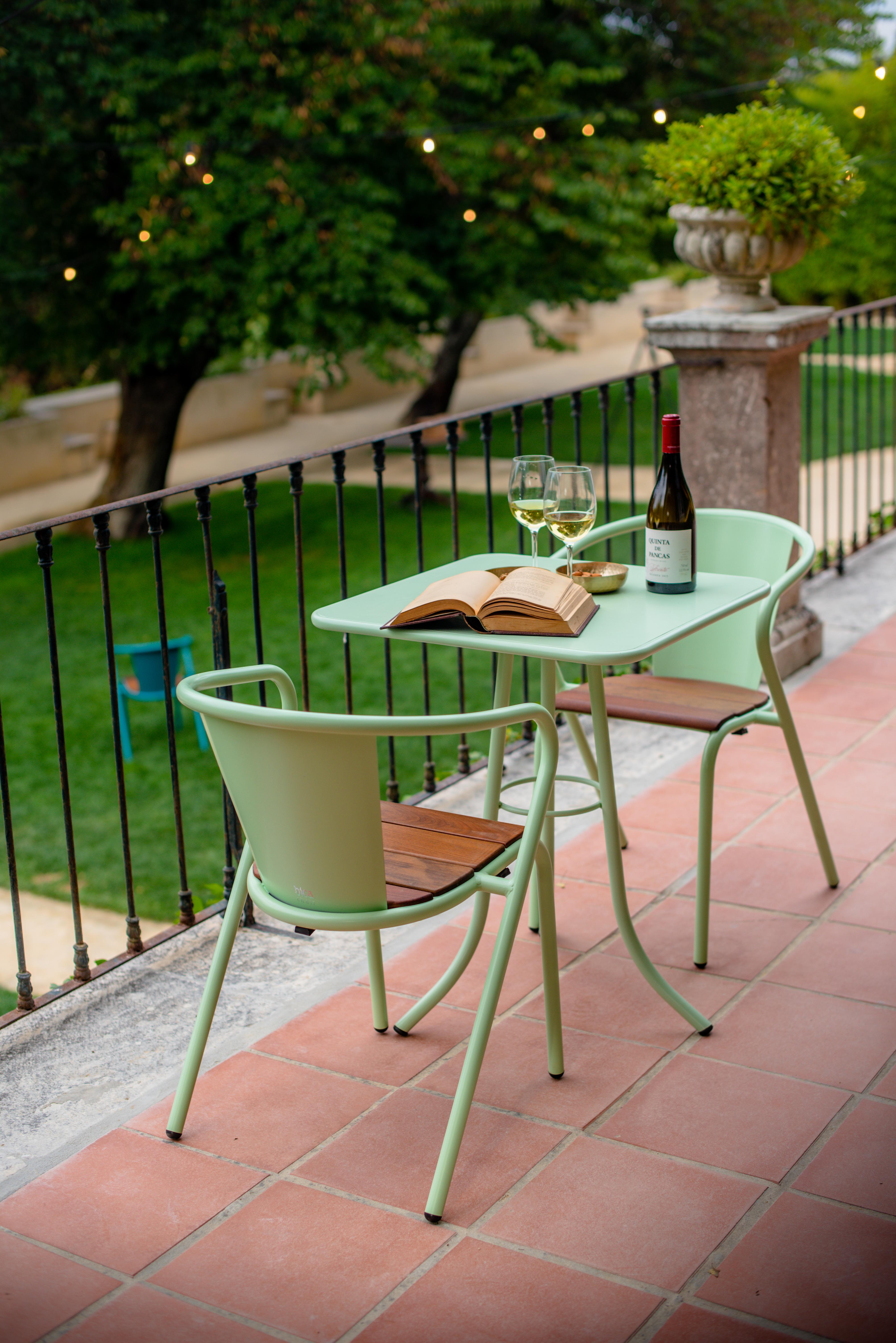BICAchair Modern Outdoor Steel Armchair Pastel Green with Ipê Wood Slabs For Sale 2