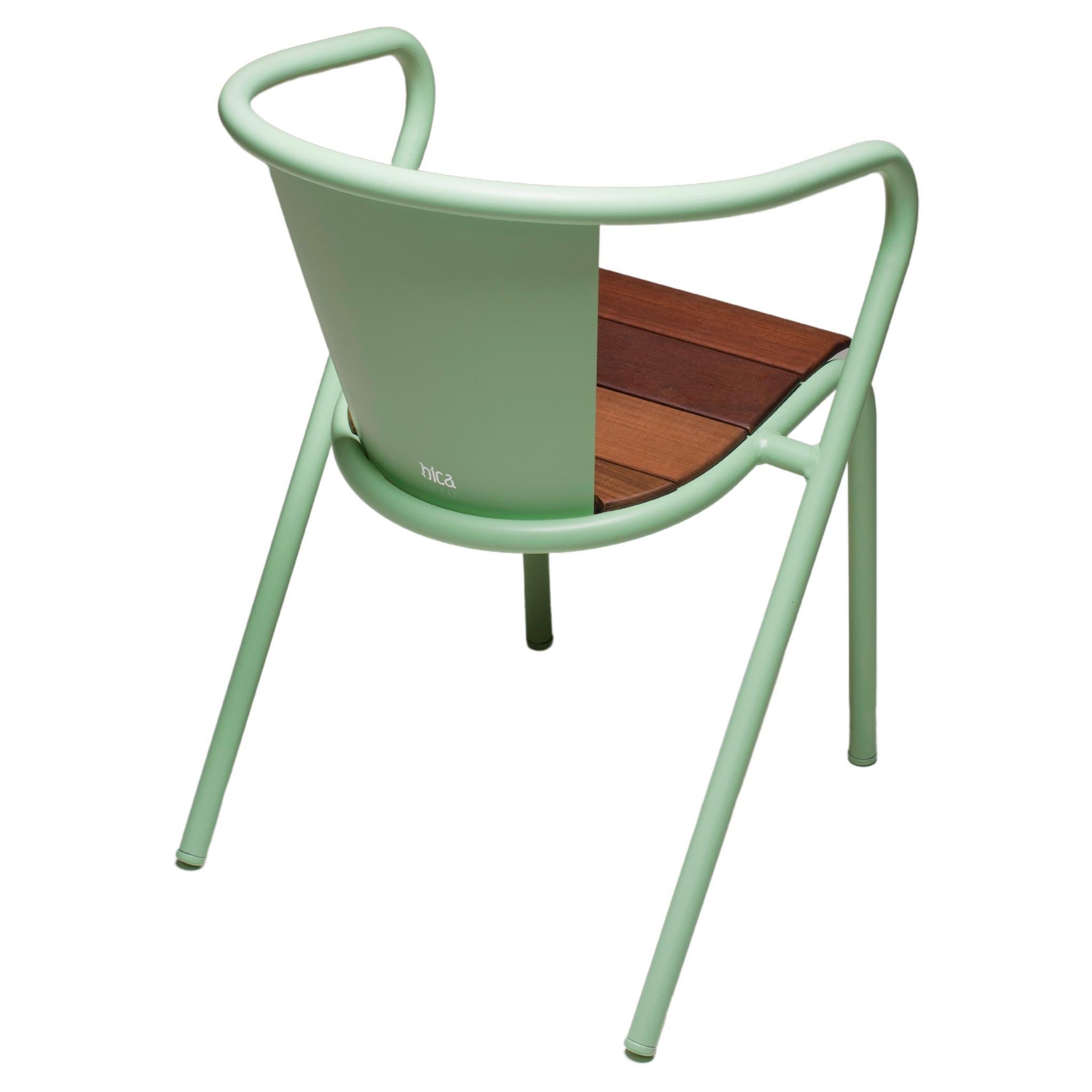 BICAchair Modern Outdoor Steel Armchair Pastel Green with Ipê Wood Slabs For Sale