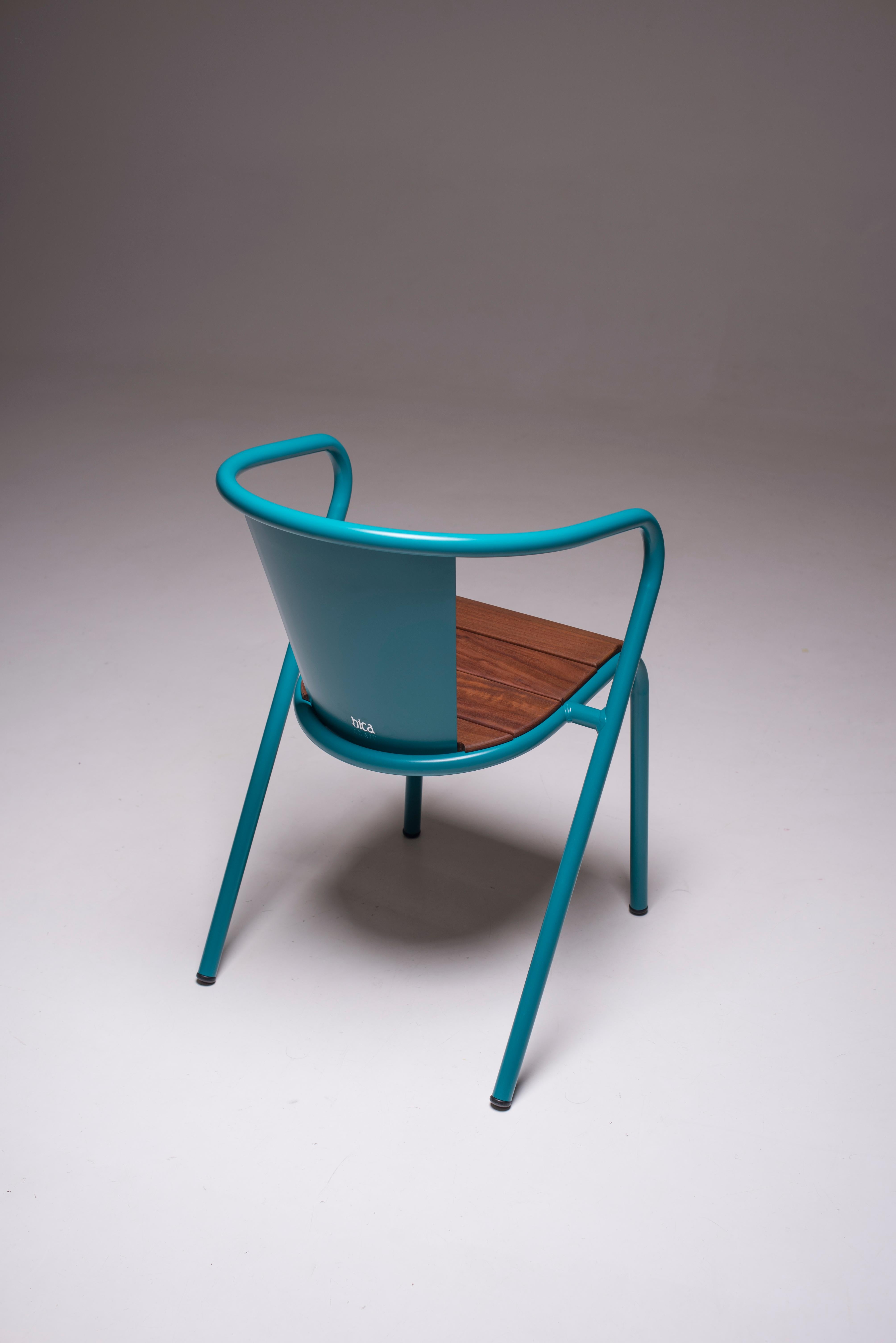 BICAchair is a sustainable stackable steel armchair made for the outdoors from recycled and recyclable steel and finished with our premium selection of powder-coating colors, in this case in a rich Blue color, that transforms a Classic in something