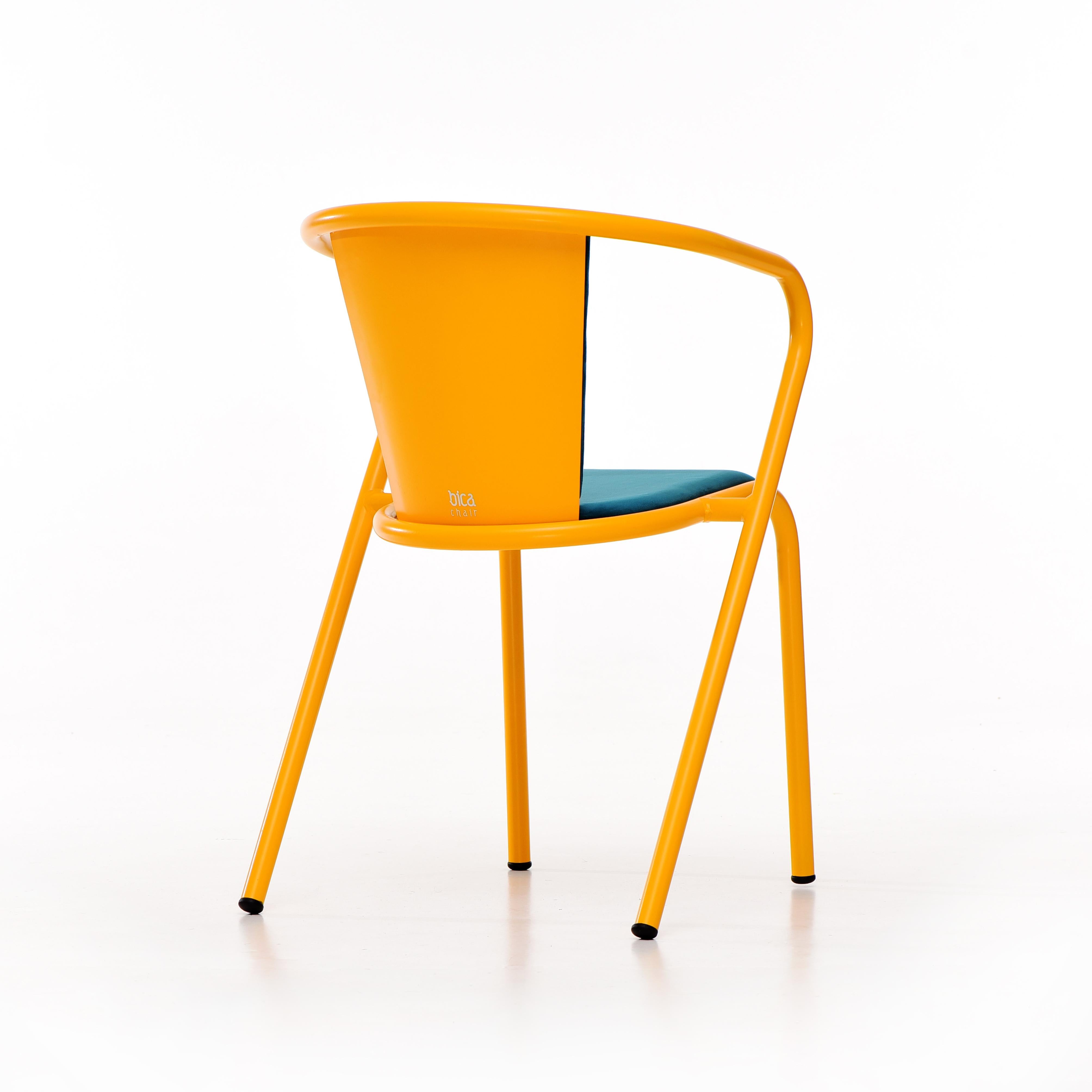 Powder-Coated BICAchair Modern Steel Armchair Melon Yellow, Upholstery in Soft Velvet For Sale