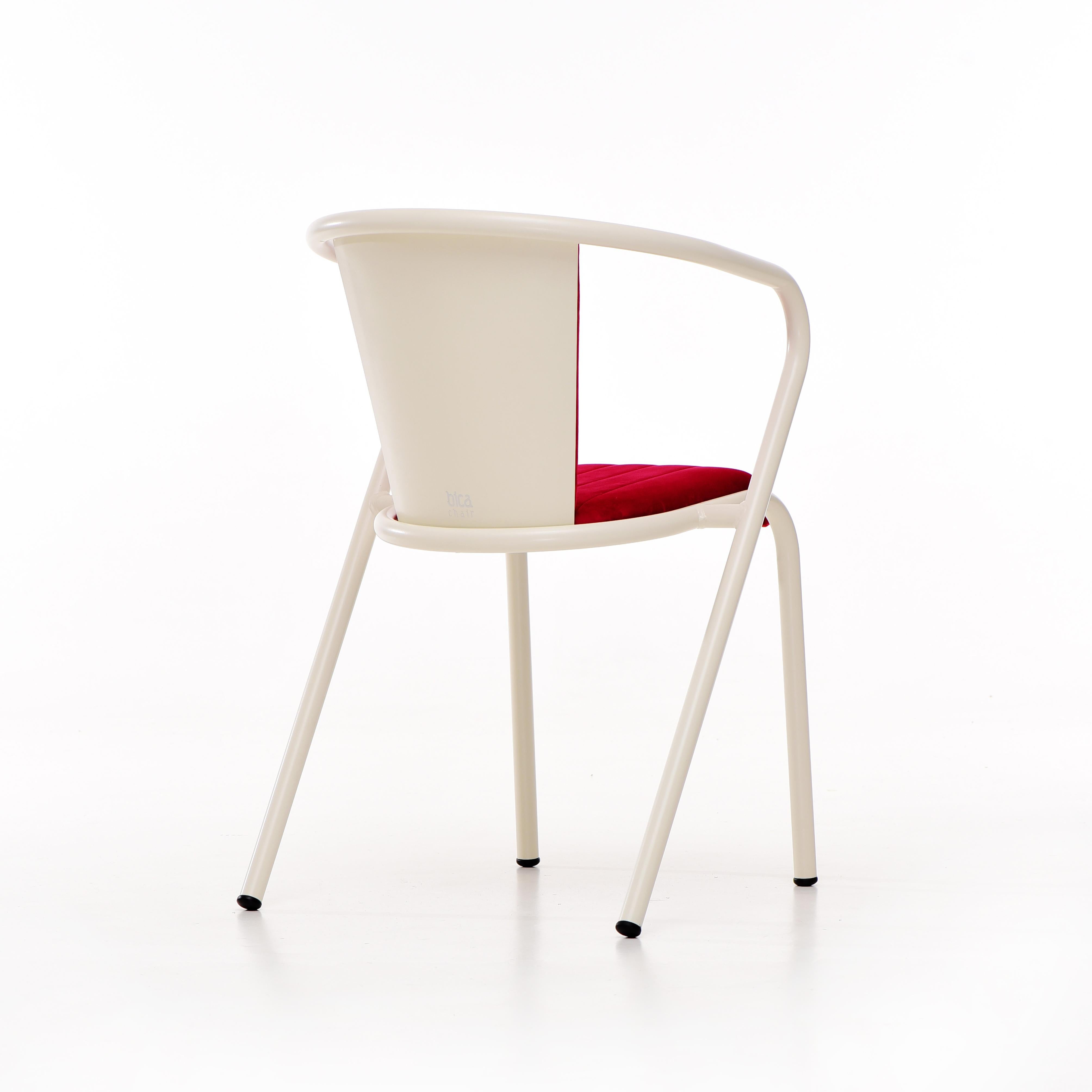 Powder-Coated BICAchair Modern Steel Armchair Oyster White, Upholstery in Soft Velvet For Sale