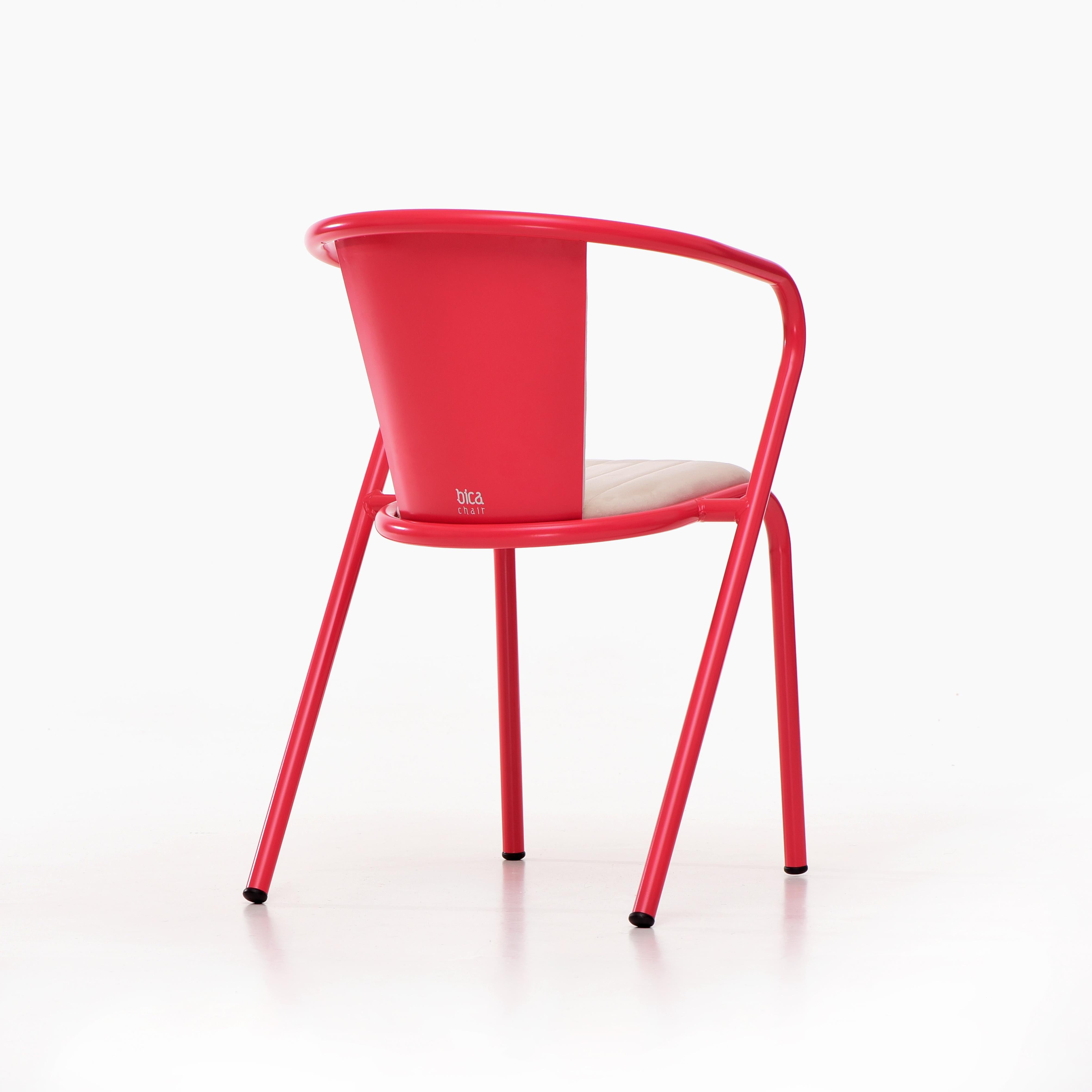 Portuguese BICAchair Modern Steel Armchair Strawberry Red, Upholstery in Soft Velvet For Sale