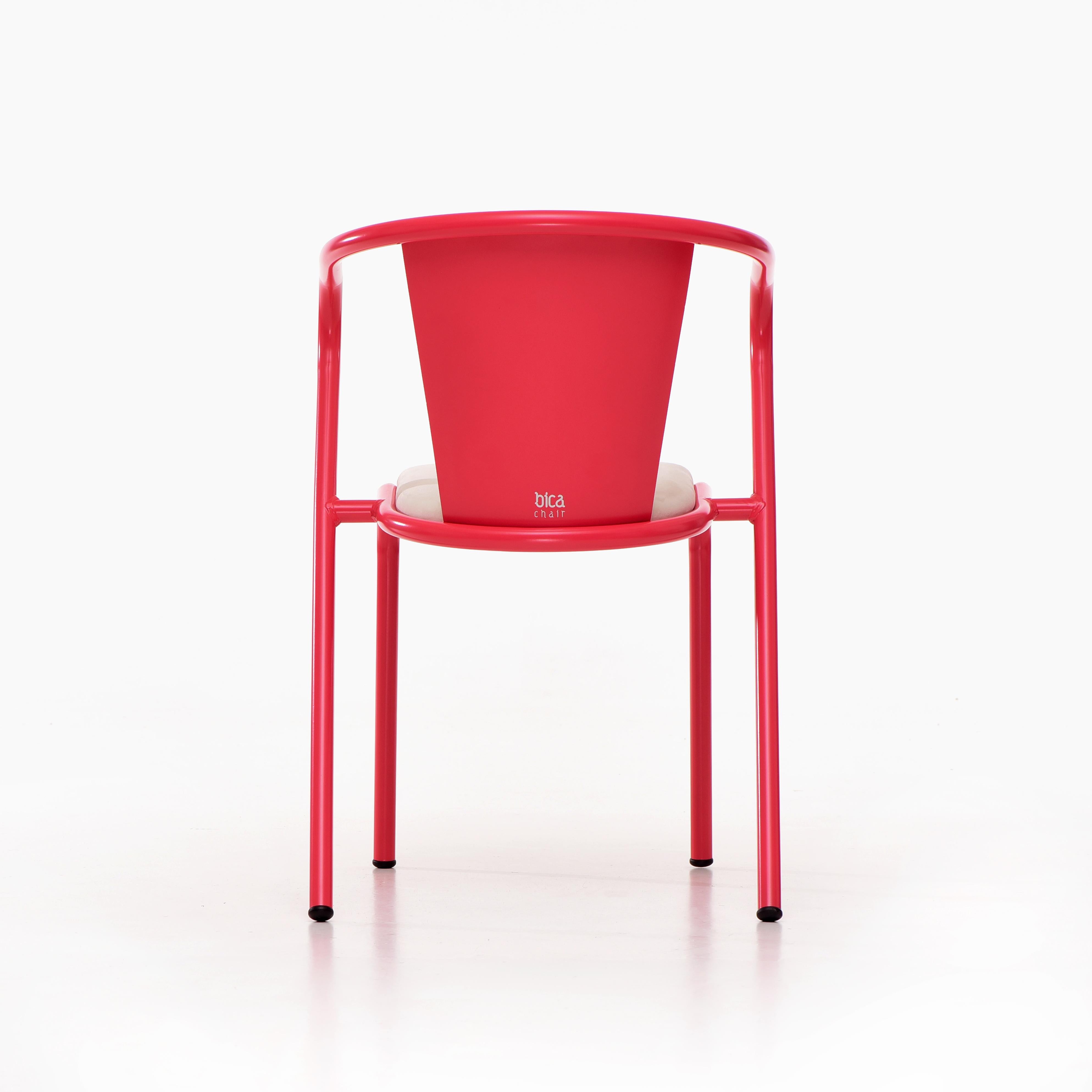 Powder-Coated BICAchair Modern Steel Armchair Strawberry Red, Upholstery in Soft Velvet For Sale