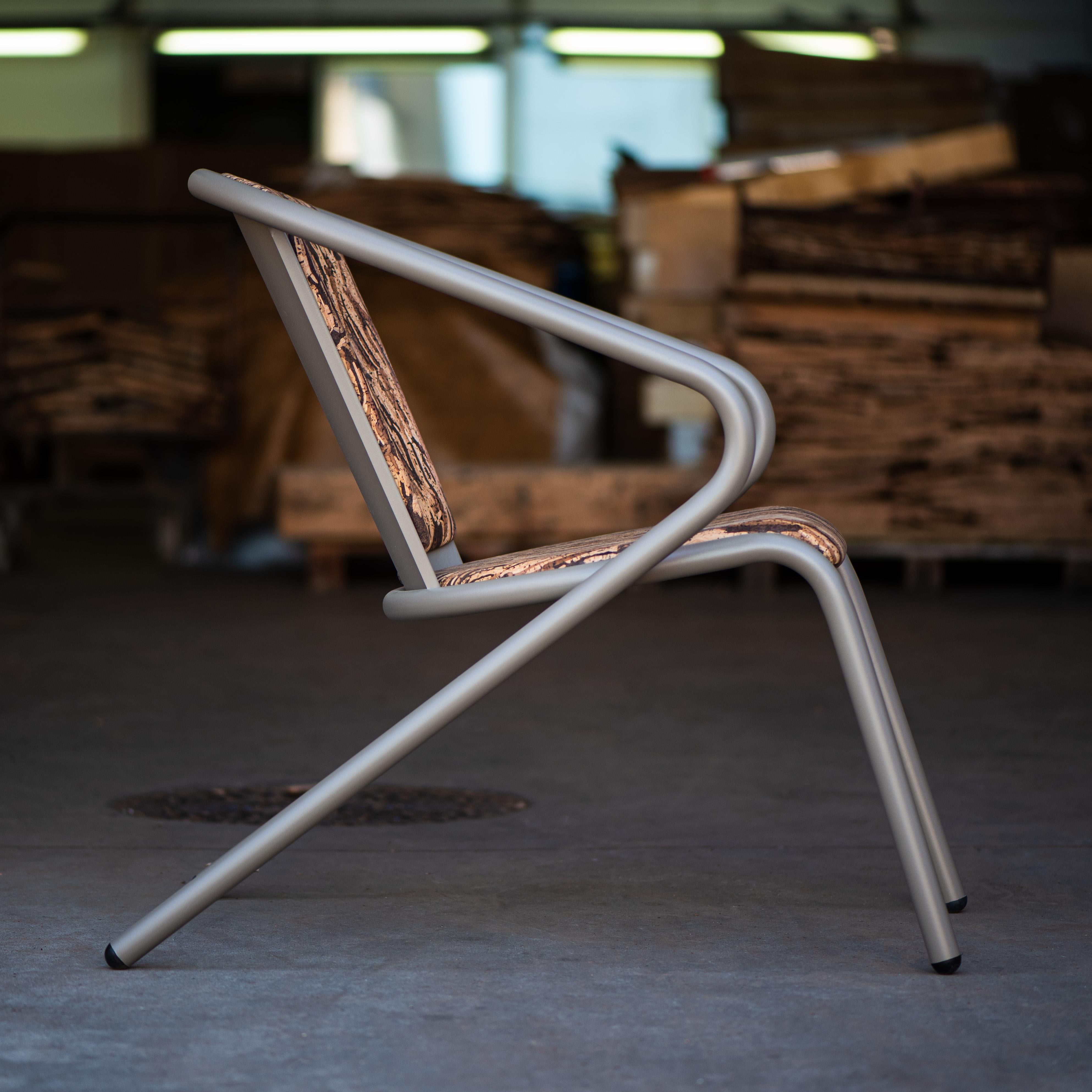 Metal Bicalounge Modern Steel Lounge Chair Oxidized Bark, Upholstery in Natural Cork For Sale