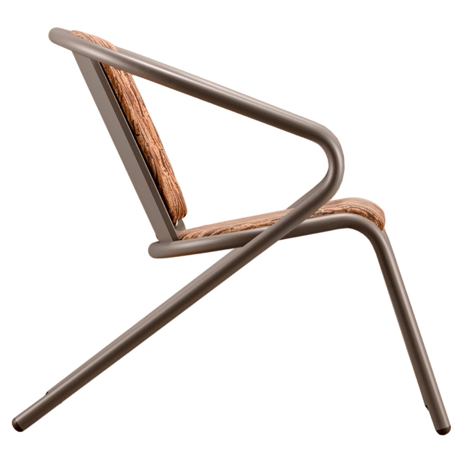 Bicalounge Modern Steel Lounge Chair Oxidized Bark, Upholstery in Natural Cork