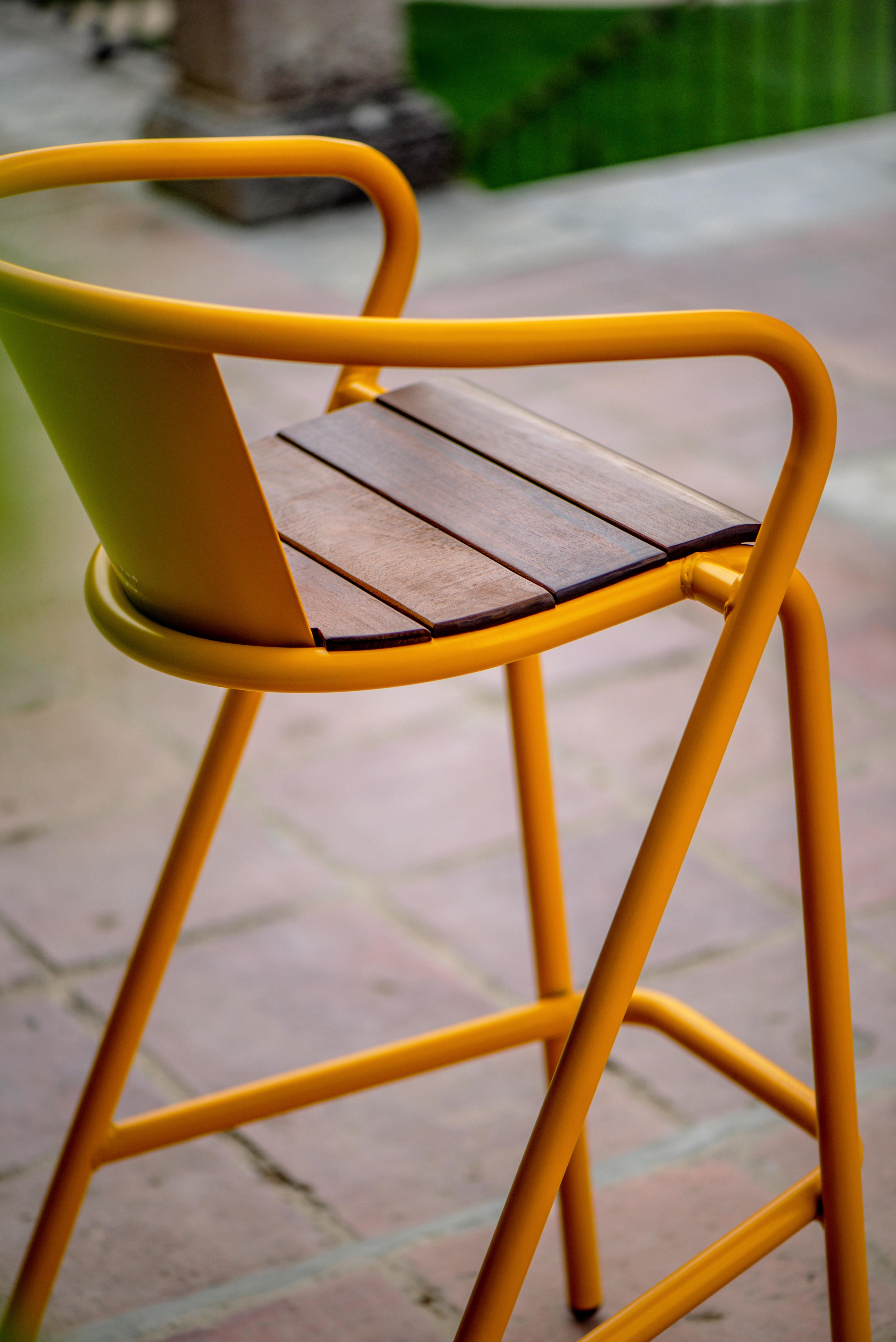BICAstool Modern Outdoor Steel High Stool Chair Melon Yellow with Ipê Wood Slabs For Sale 3