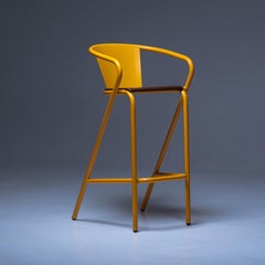 BICAstool Modern Outdoor Steel High Stool Chair Melon Yellow with Ipê Wood Slabs