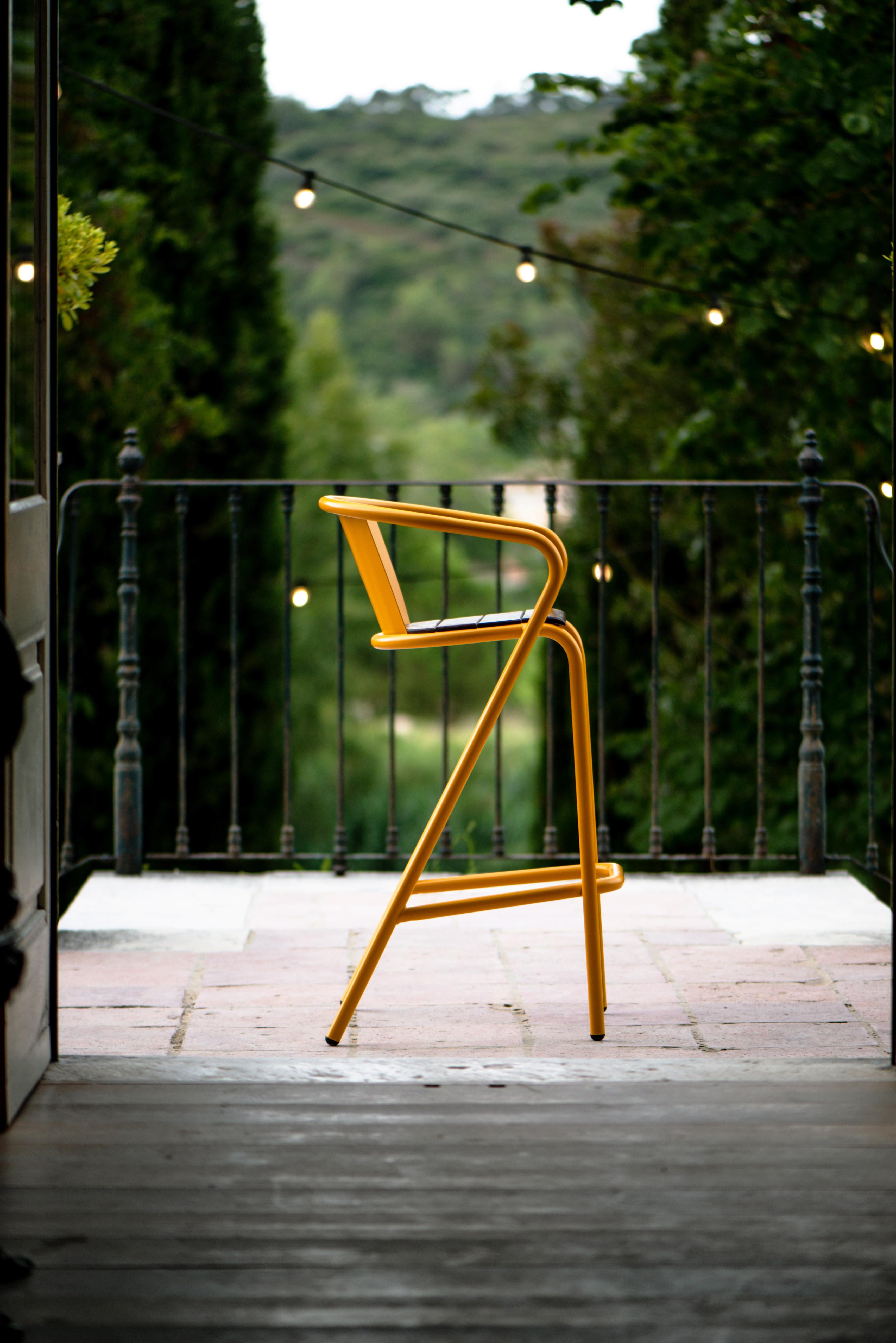Metal BICAstool Modern Outdoor Steel High Stool Chair Melon Yellow with Ipê Wood Slabs For Sale