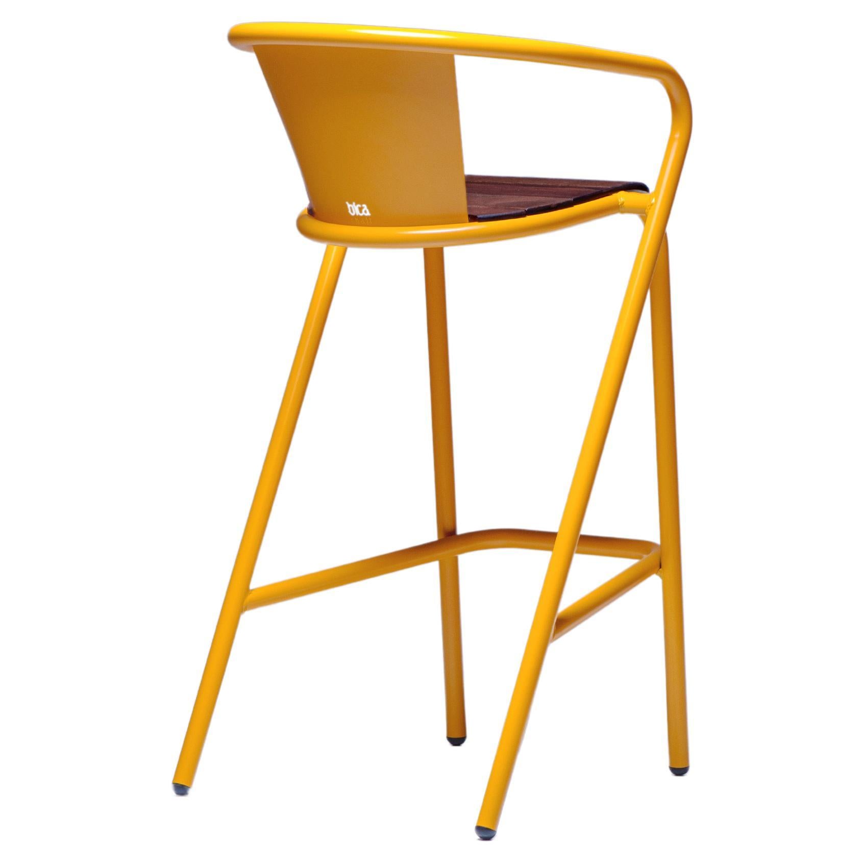 BICAstool Modern Outdoor Steel High Stool Chair Melon Yellow with Ipê Wood Slabs For Sale