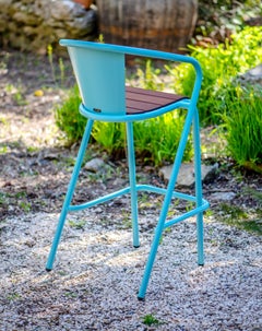 BICAstool Modern Outdoor Steel High Stool Chair Turquoise with Ipê Wood Slabs