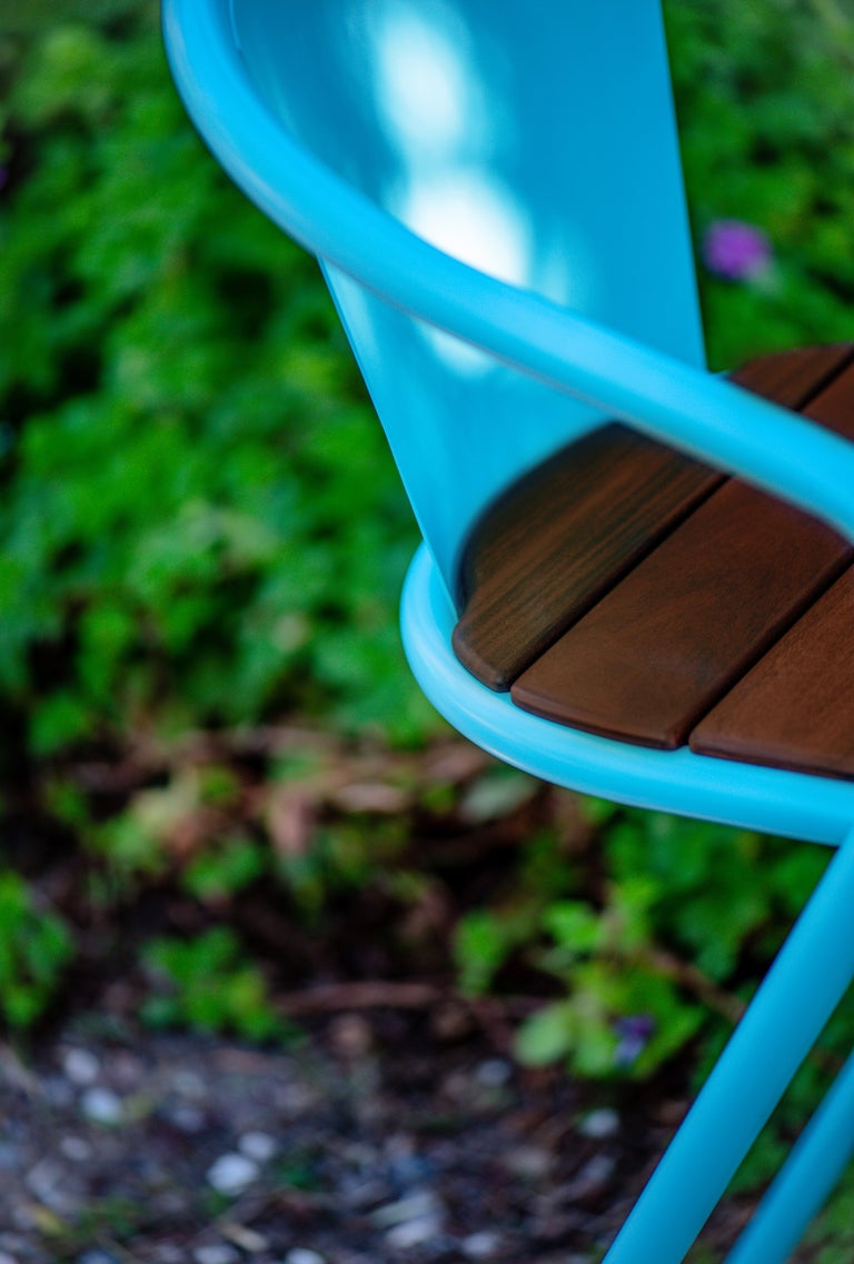 BICAstool Modern Outdoor Steel High Stool Chair Turquoise with Ipê Wood Slabs For Sale at 1stDibs