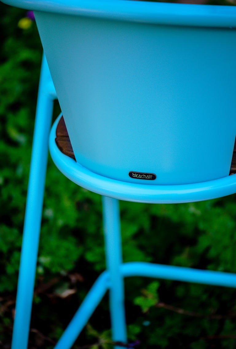 BICAstool Modern Outdoor Steel High Stool Chair Turquoise with Ipê Wood Slabs For Sale at 1stDibs