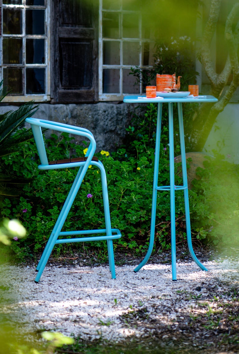 BICAstool Modern Outdoor Steel High Stool Chair Turquoise with Ipê Wood Slabs For Sale at 1stDibs