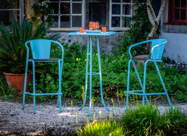 BICAstool Modern Outdoor Steel High Stool Chair Turquoise with Ipê Wood Slabs For Sale at 1stDibs