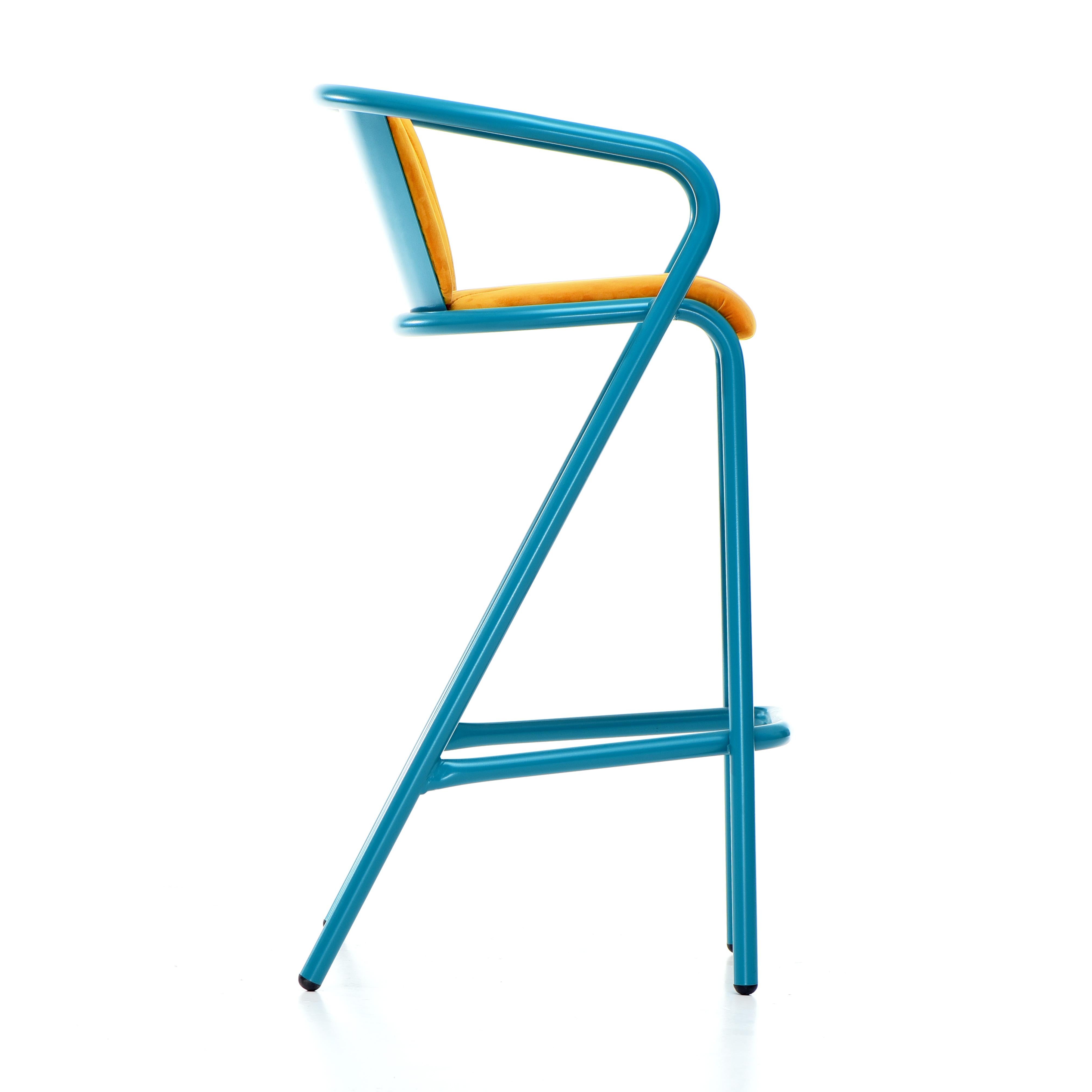 Portuguese BICAstool Modern Steel High Stool Chair Water Blue, Upholstery in Soft Velvet For Sale