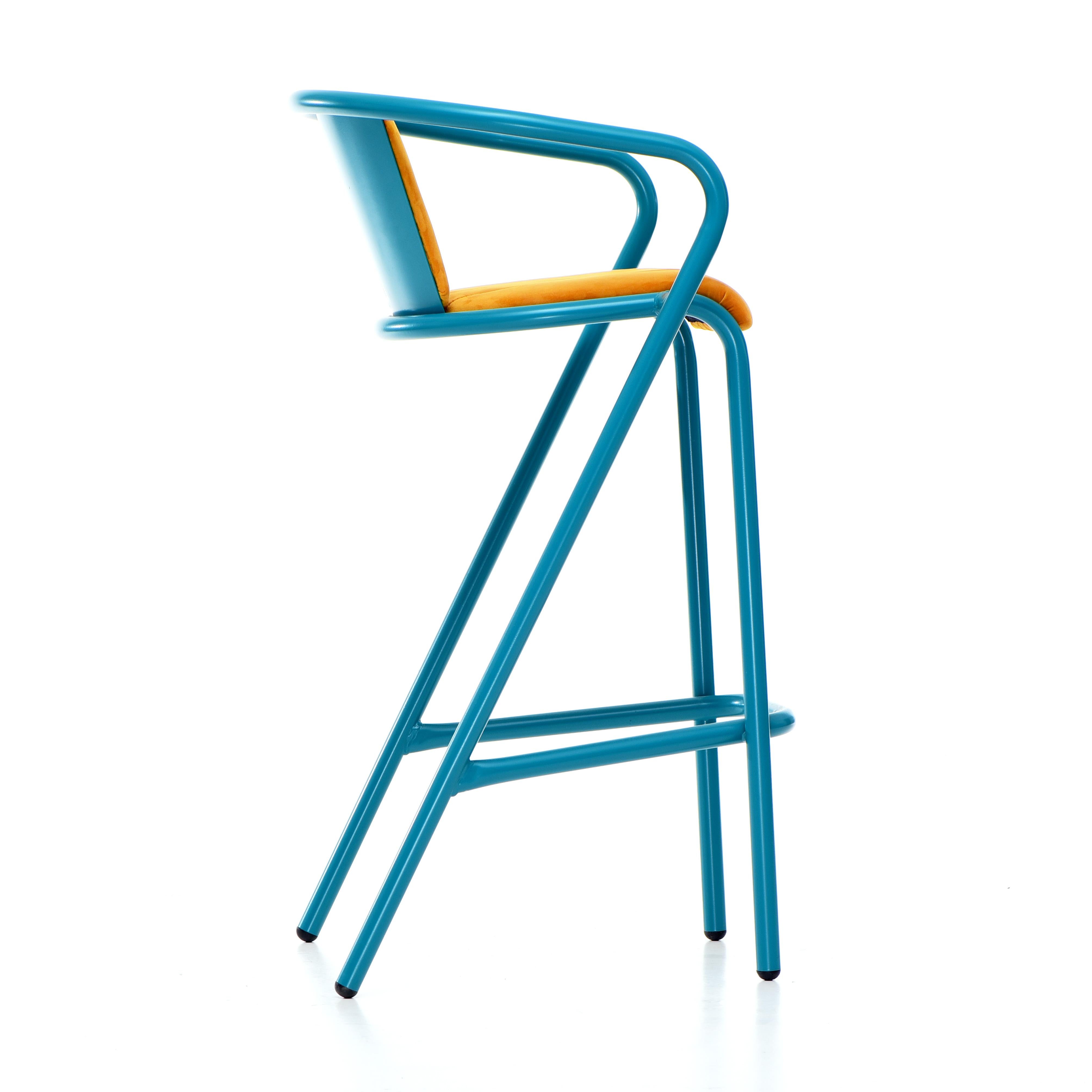Powder-Coated BICAstool Modern Steel High Stool Chair Water Blue, Upholstery in Soft Velvet For Sale
