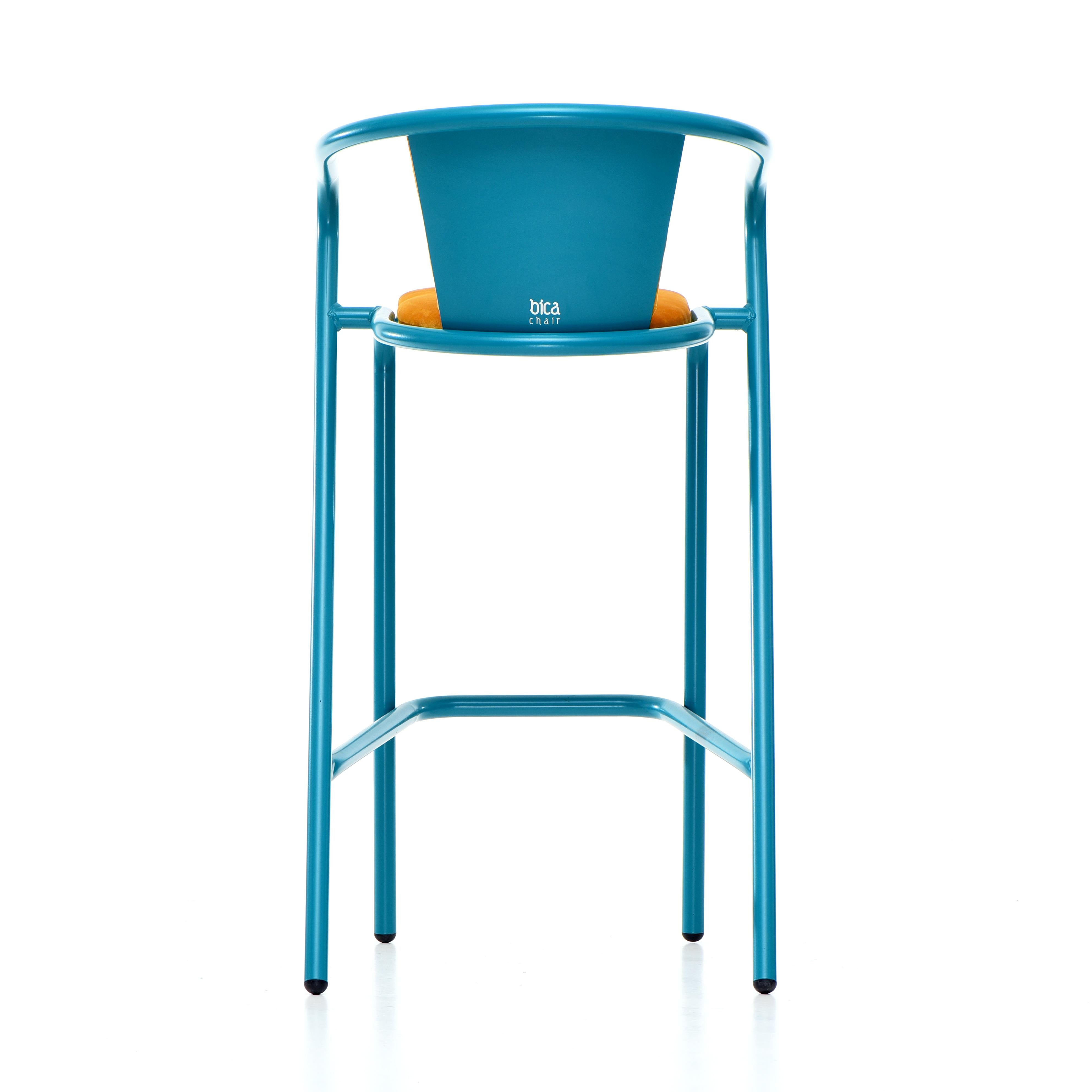 Contemporary BICAstool Modern Steel High Stool Chair Water Blue, Upholstery in Soft Velvet For Sale