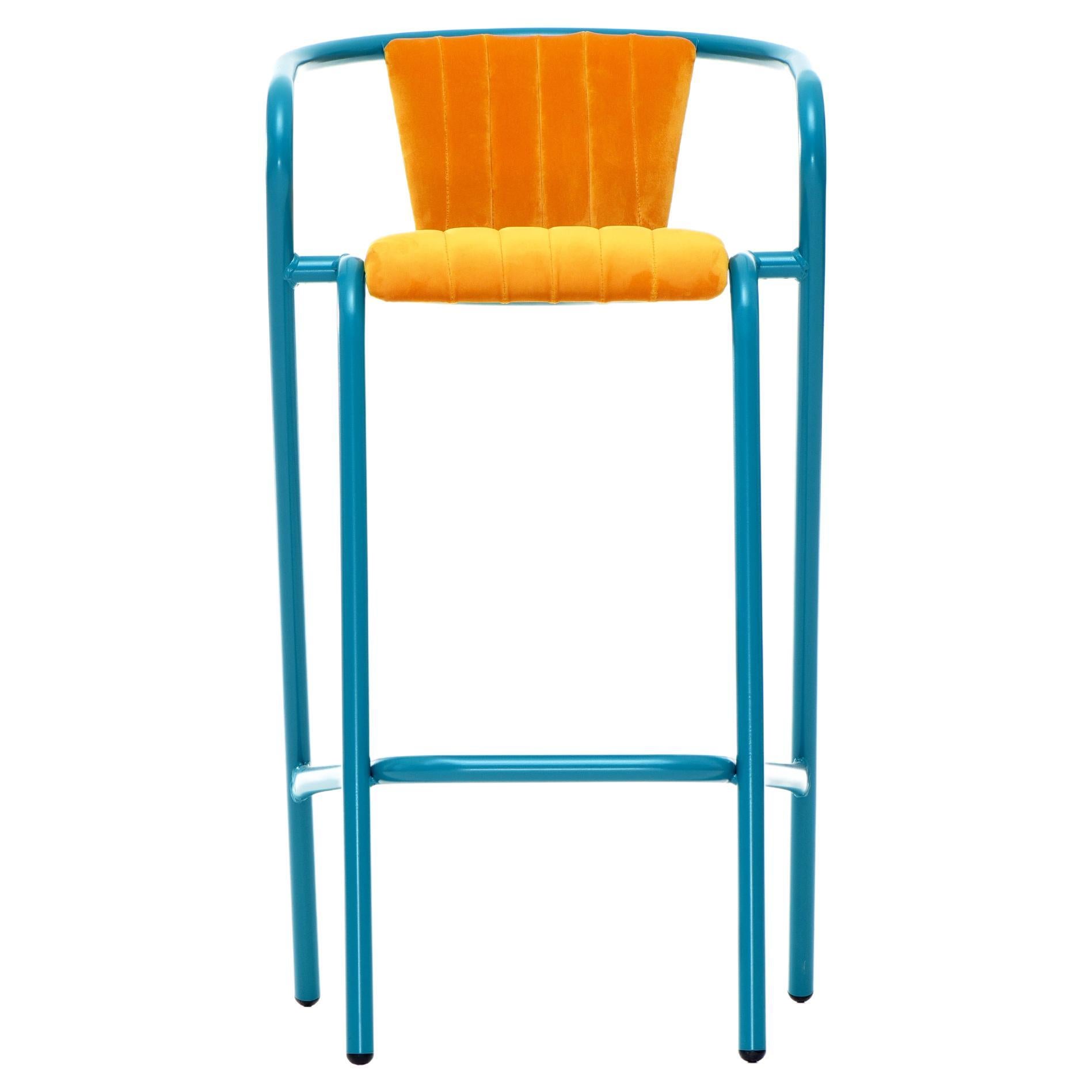 BICAstool Modern Steel High Stool Chair Water Blue, Upholstery in Soft Velvet For Sale