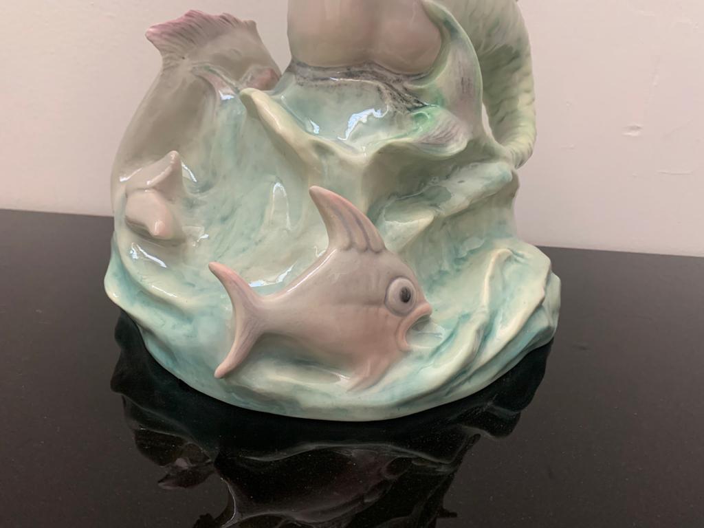 Bicauda Mermaid with Shell on Rock and Mythological Fish For Sale 4