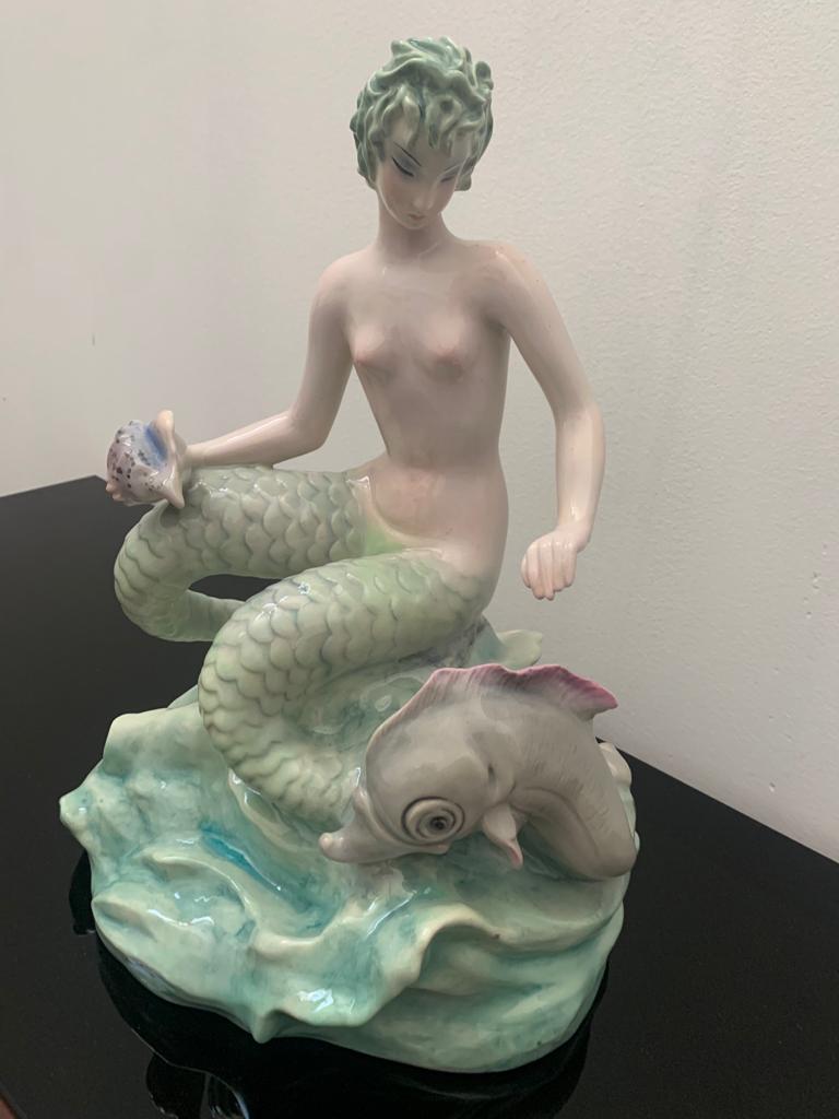 Art Deco Bicauda Mermaid with Shell on Rock and Mythological Fish For Sale