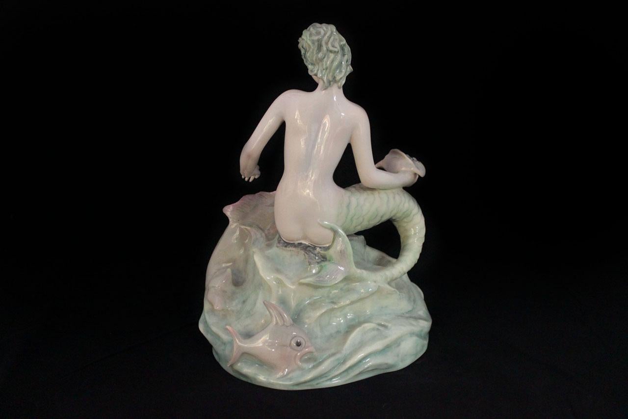 Italian Bicauda Mermaid with Shell on Rock and Mythological Fish For Sale