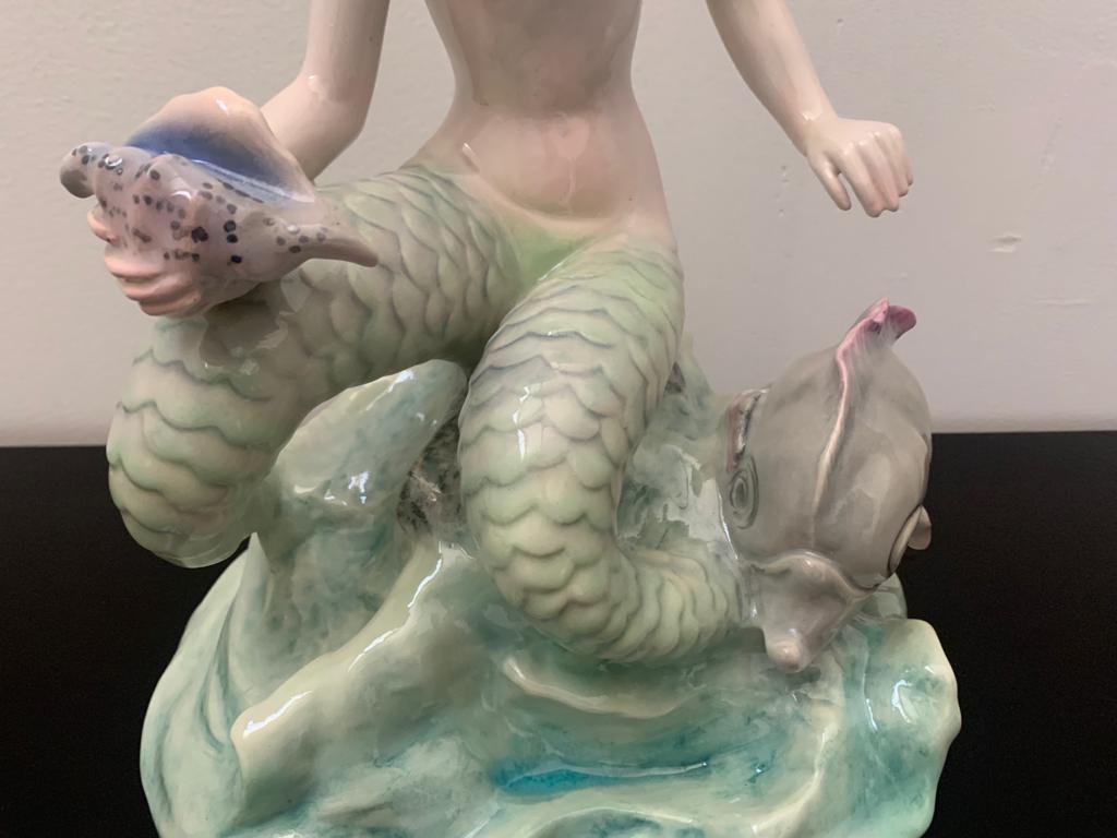 Ceramic Bicauda Mermaid with Shell on Rock and Mythological Fish For Sale