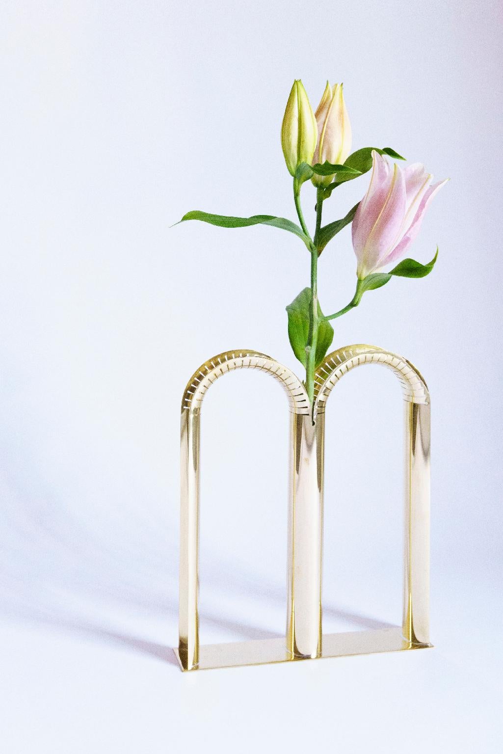 Hand-Carved 21st Century Bicaudata Contemporary Handmade Brass Flower Vase by Ilaria Bianchi For Sale
