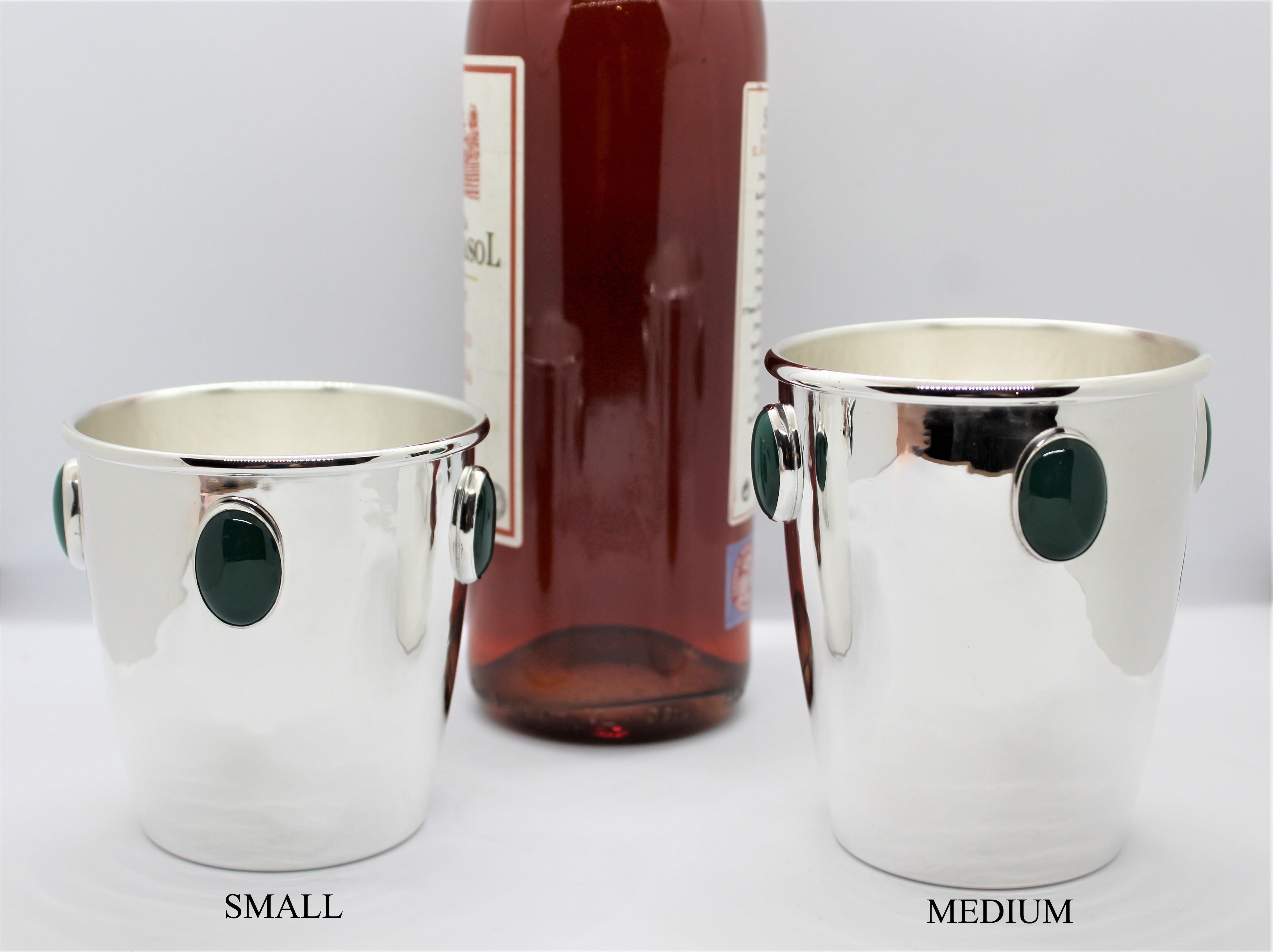 Silver beaker, green stones, hammered, medium, 1 piece, handmade For Sale 3