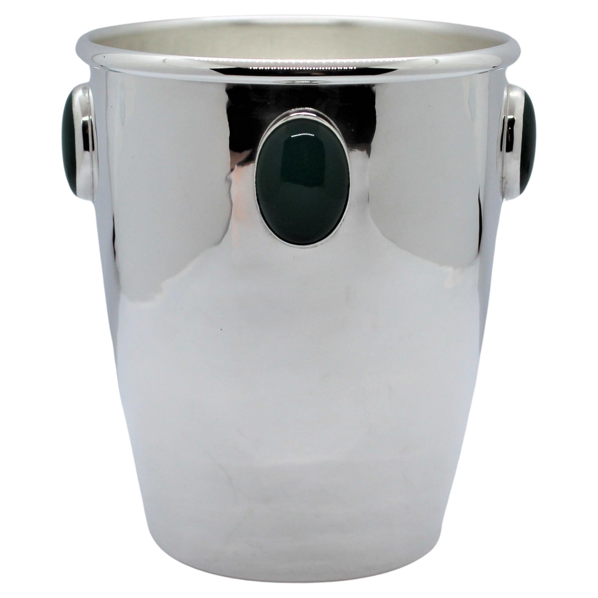 Silver beaker, green stones, hammered, medium, 1 piece, handmade For Sale