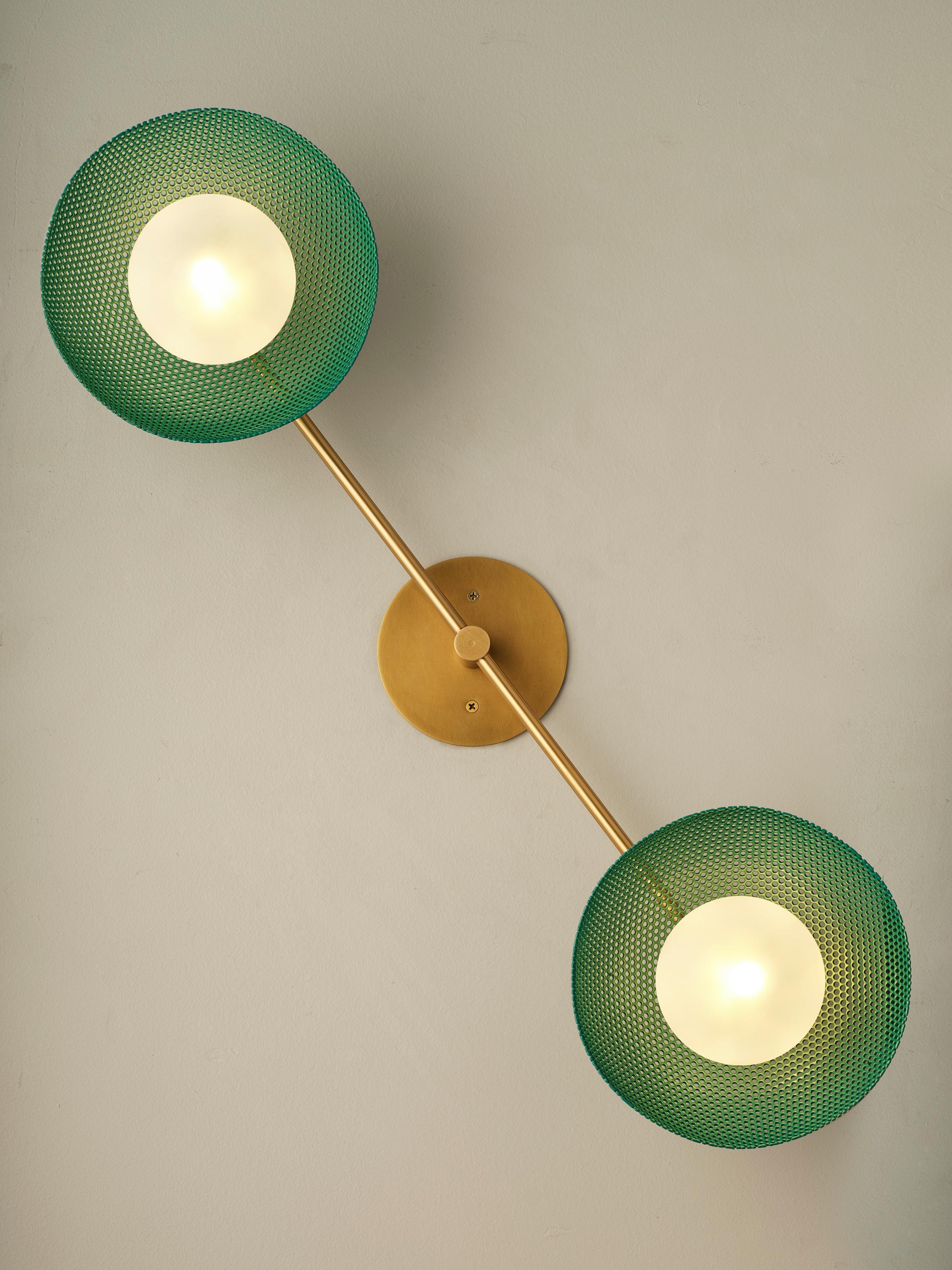 Modern Bicentric Wall Sconce in Natural Brass & Green Enamel Mesh, Blueprint Lighting For Sale