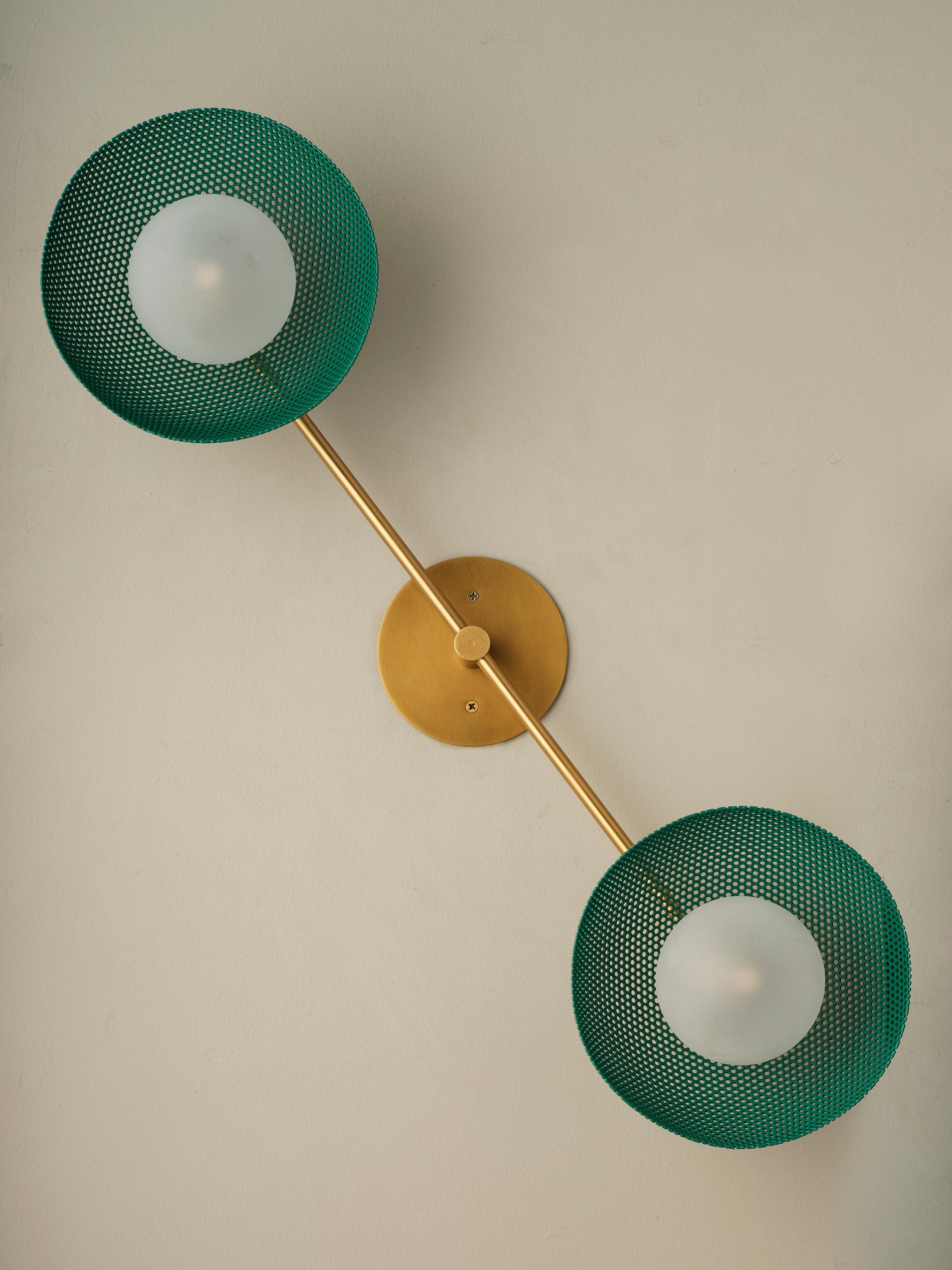 American Bicentric Wall Sconce in Natural Brass & Green Enamel Mesh, Blueprint Lighting For Sale