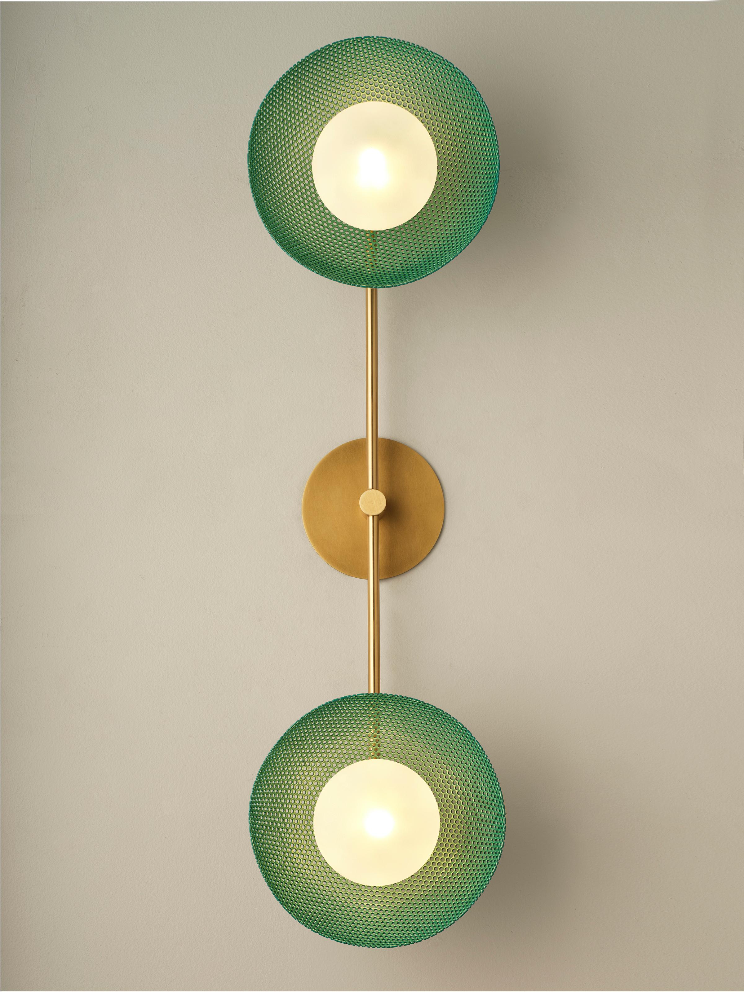 Oiled Bicentric Wall Sconce in Natural Brass & Green Enamel Mesh, Blueprint Lighting For Sale