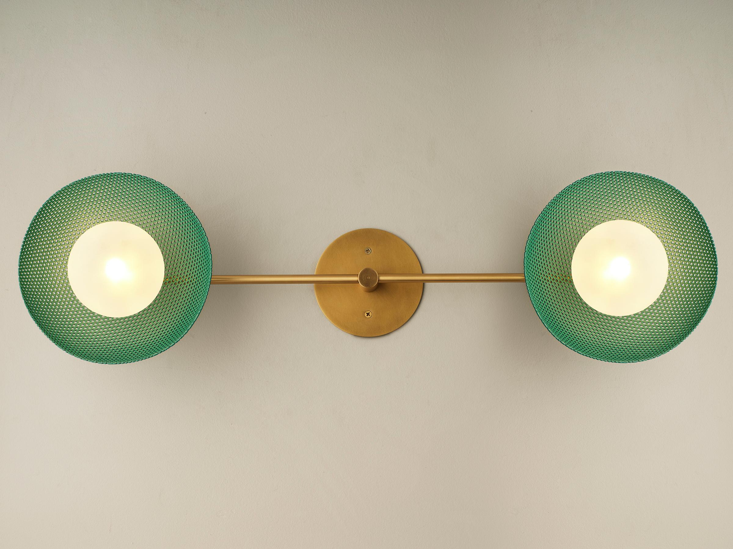 Contemporary Bicentric Wall Sconce in Natural Brass & Green Enamel Mesh, Blueprint Lighting For Sale