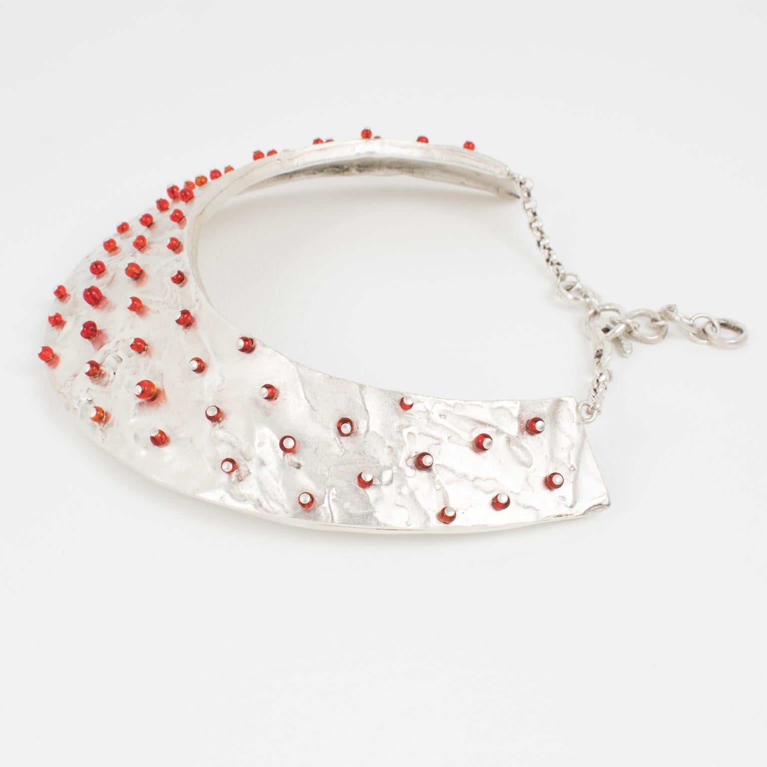 Modernist Biche de Bere Paris Brutalist Silver Plate Rigid Collar Necklace with Red Beads For Sale
