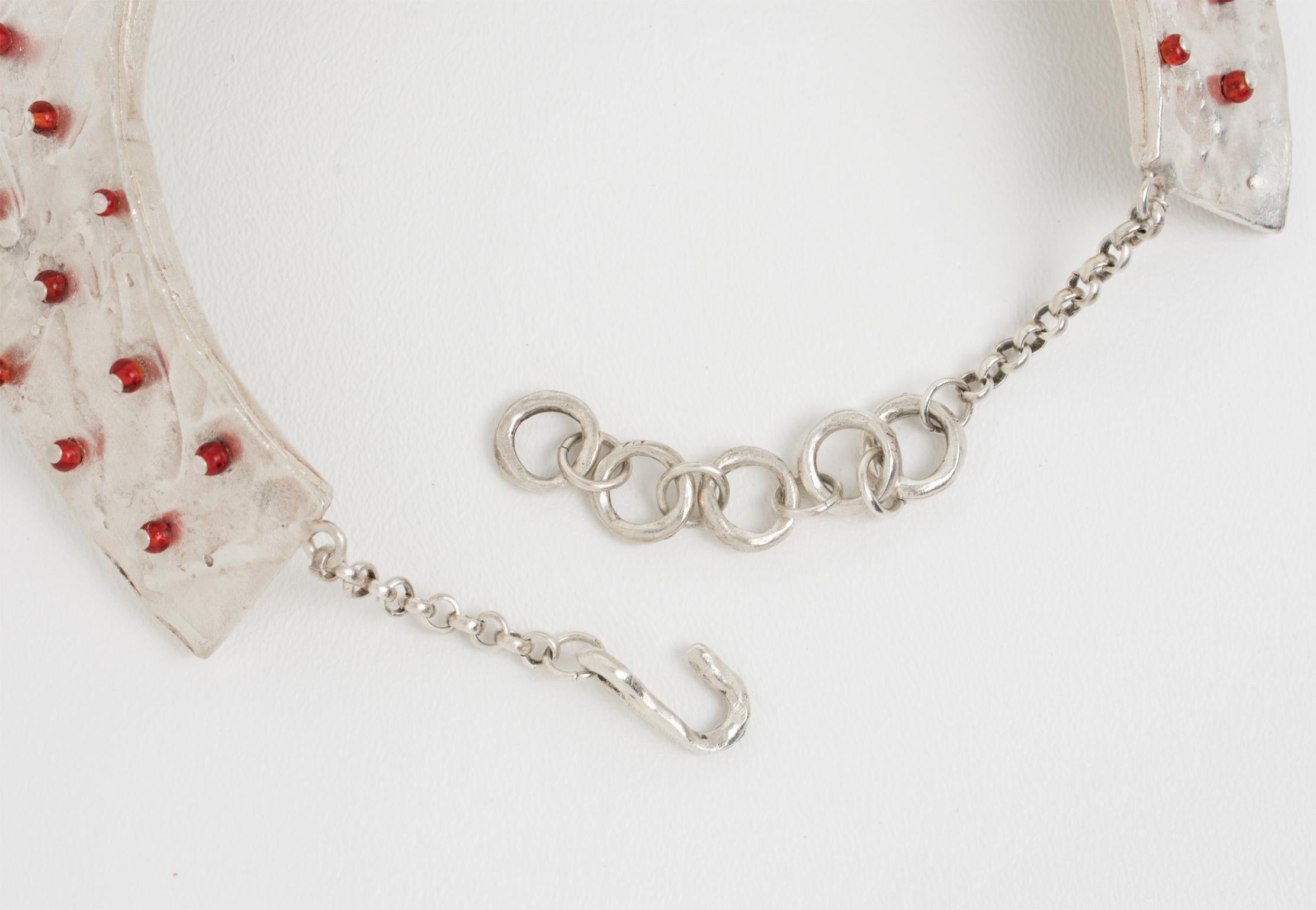 Women's or Men's Biche de Bere Paris Brutalist Silver Plate Rigid Collar Necklace with Red Beads For Sale