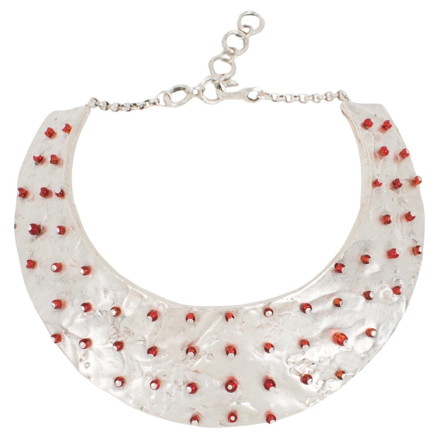 Biche de Bere Paris Brutalist Silver Plate Rigid Collar Necklace with Red Beads